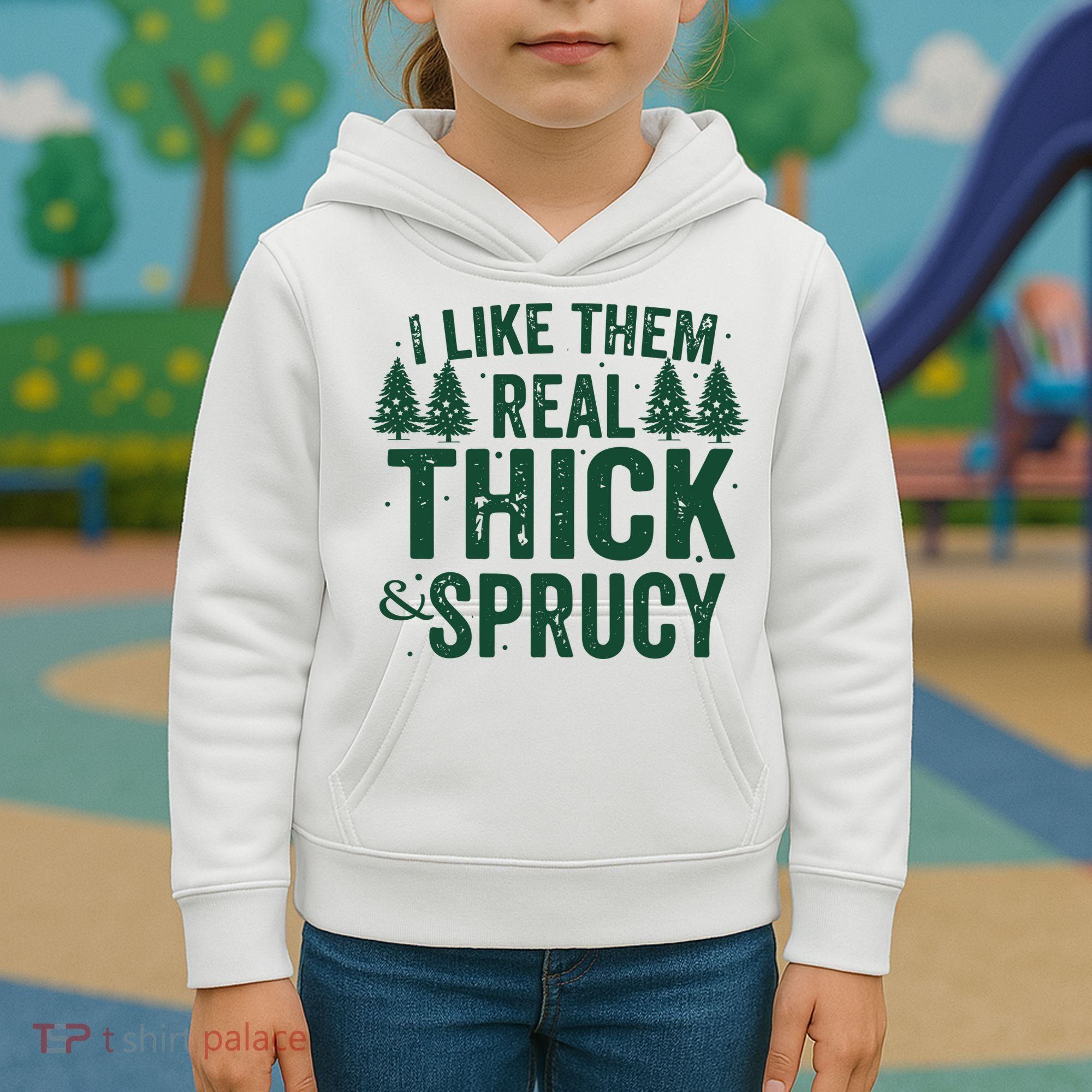 I Like Them Real Thick And Sprucy Funny Christmas Kids Hoodie