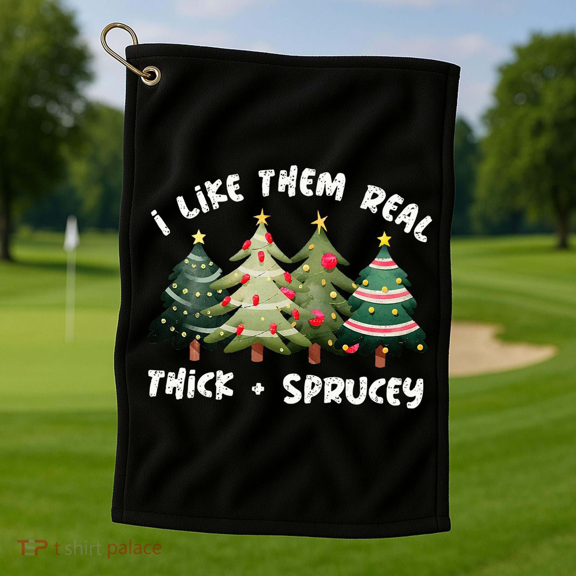 I Like Them Real Thick And Sprucey Christmas Tree Golf Towel
