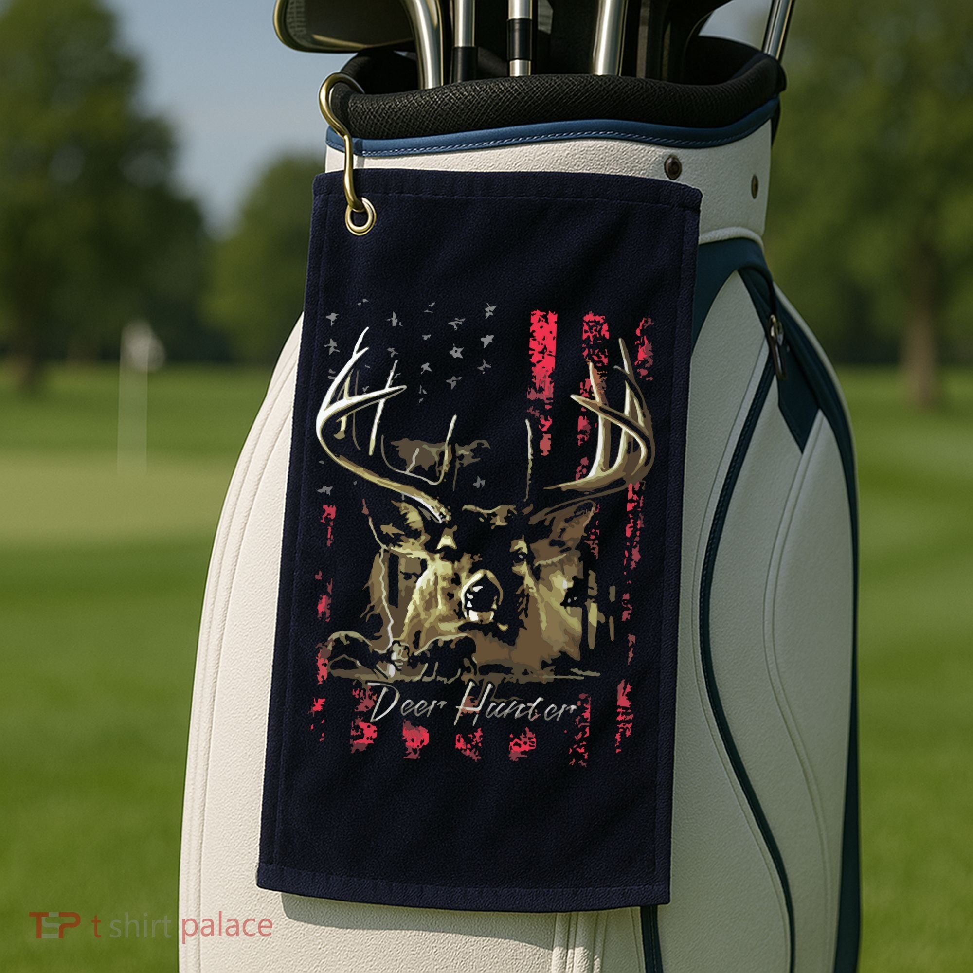 I LOVE USA American Flag And Deer Hunter Golf Towel