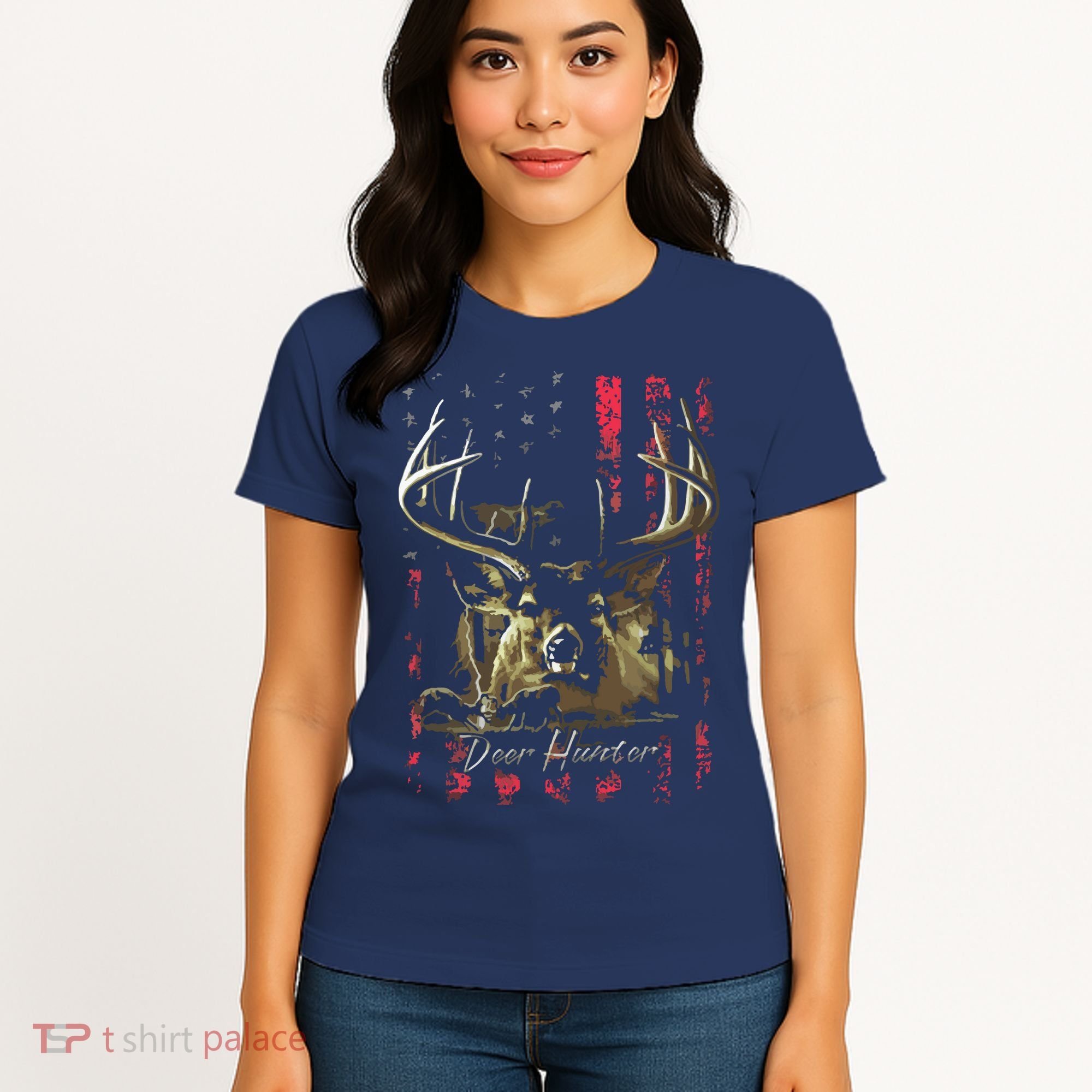 I LOVE USA American Flag And Deer Hunter Women's T-Shirt