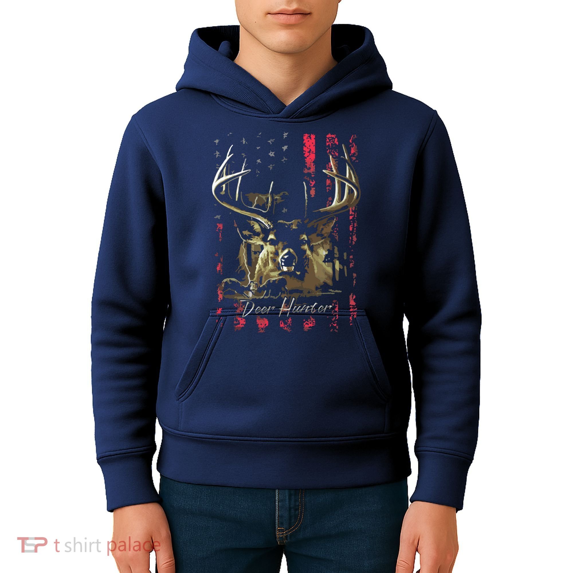 I LOVE USA American Flag And Deer Hunter Kids Hoodie