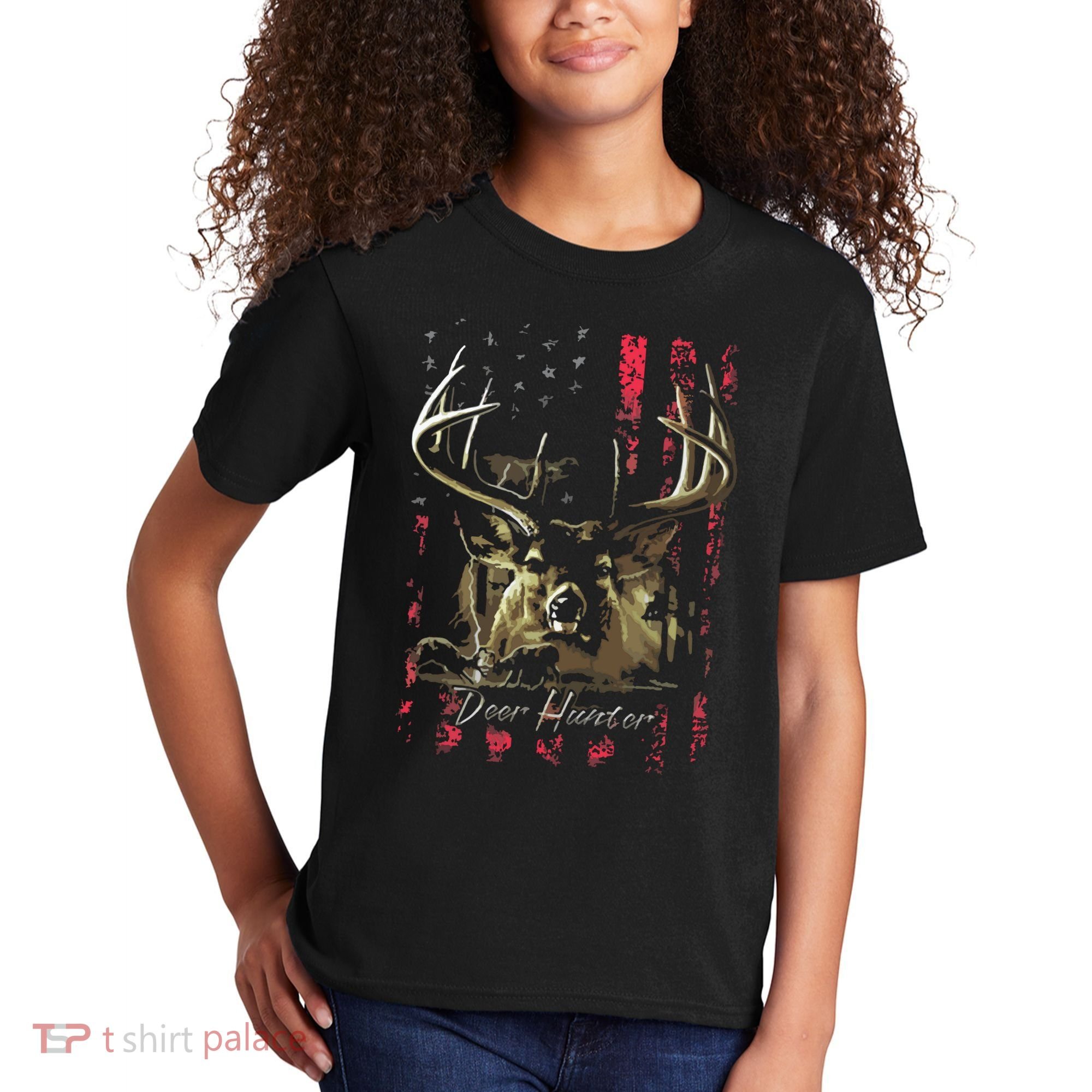 I LOVE USA American Flag And Deer Hunter Kids T-Shirt