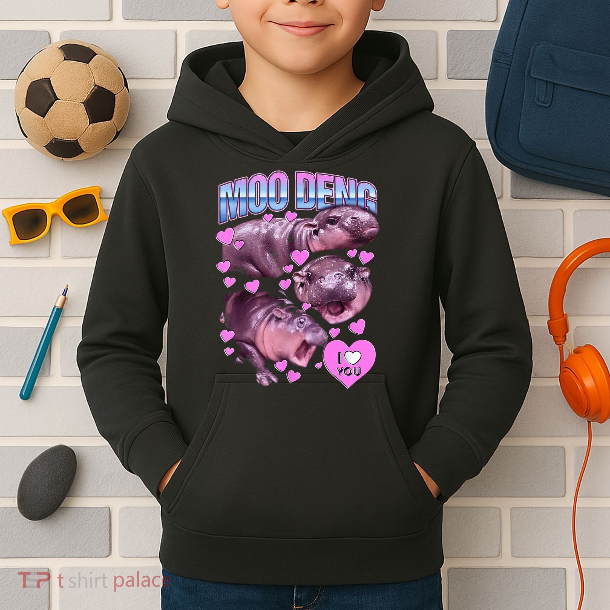 I Love You Moo Deng Cute Funny Hippo Kids Hoodie