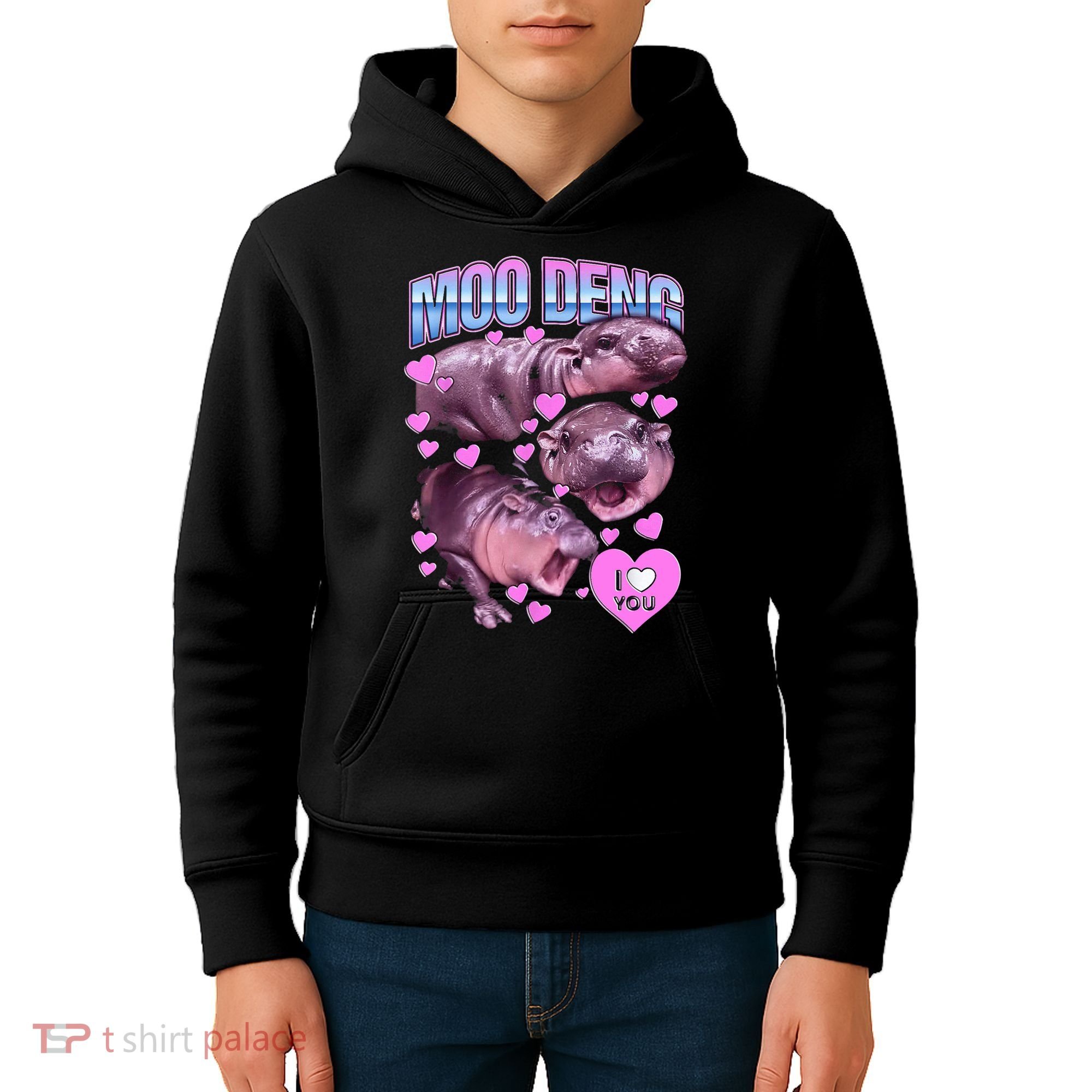 I Love You Moo Deng Cute Funny Hippo Kids Hoodie
