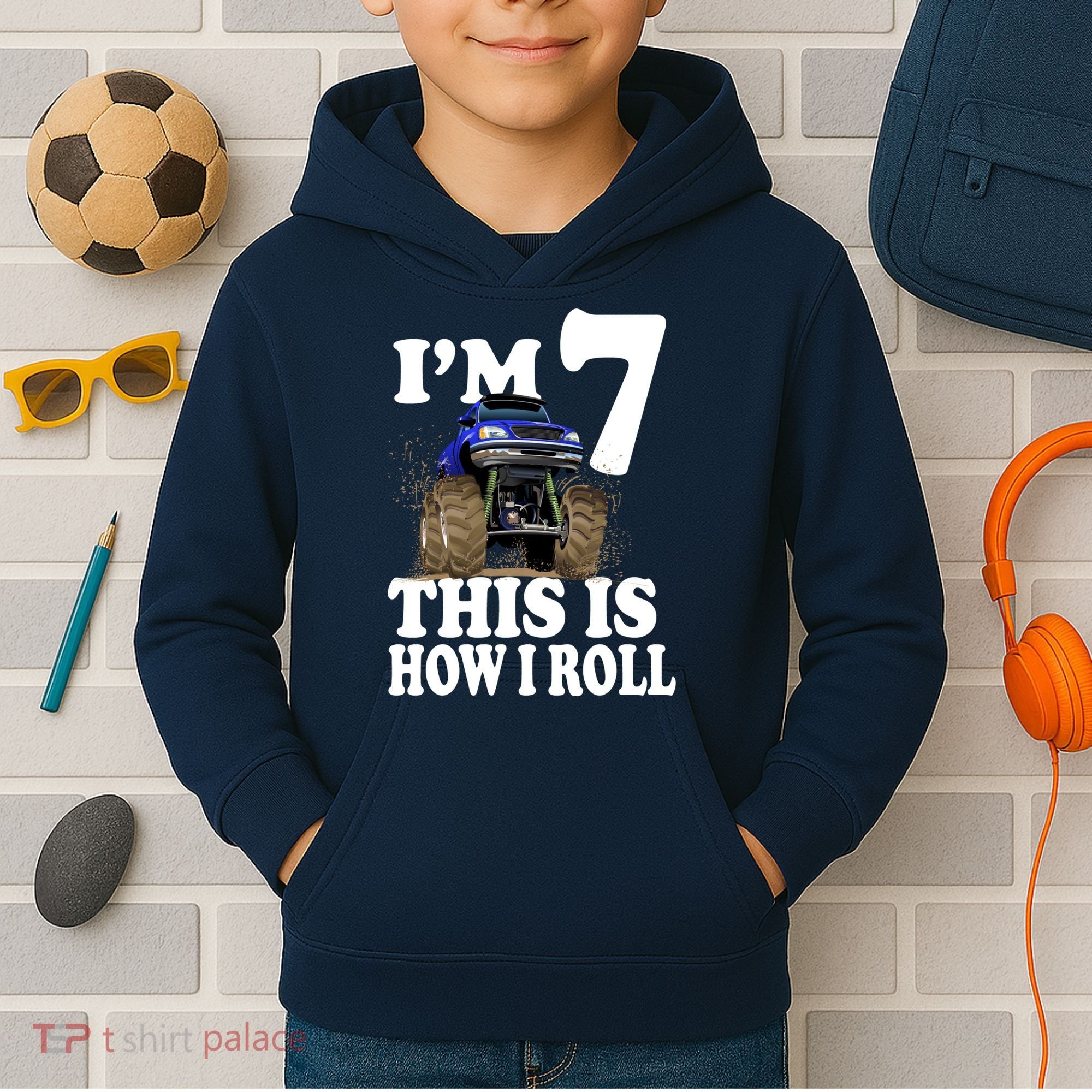 I'm 7 This Is How I Roll Monster Truck Kids Hoodie