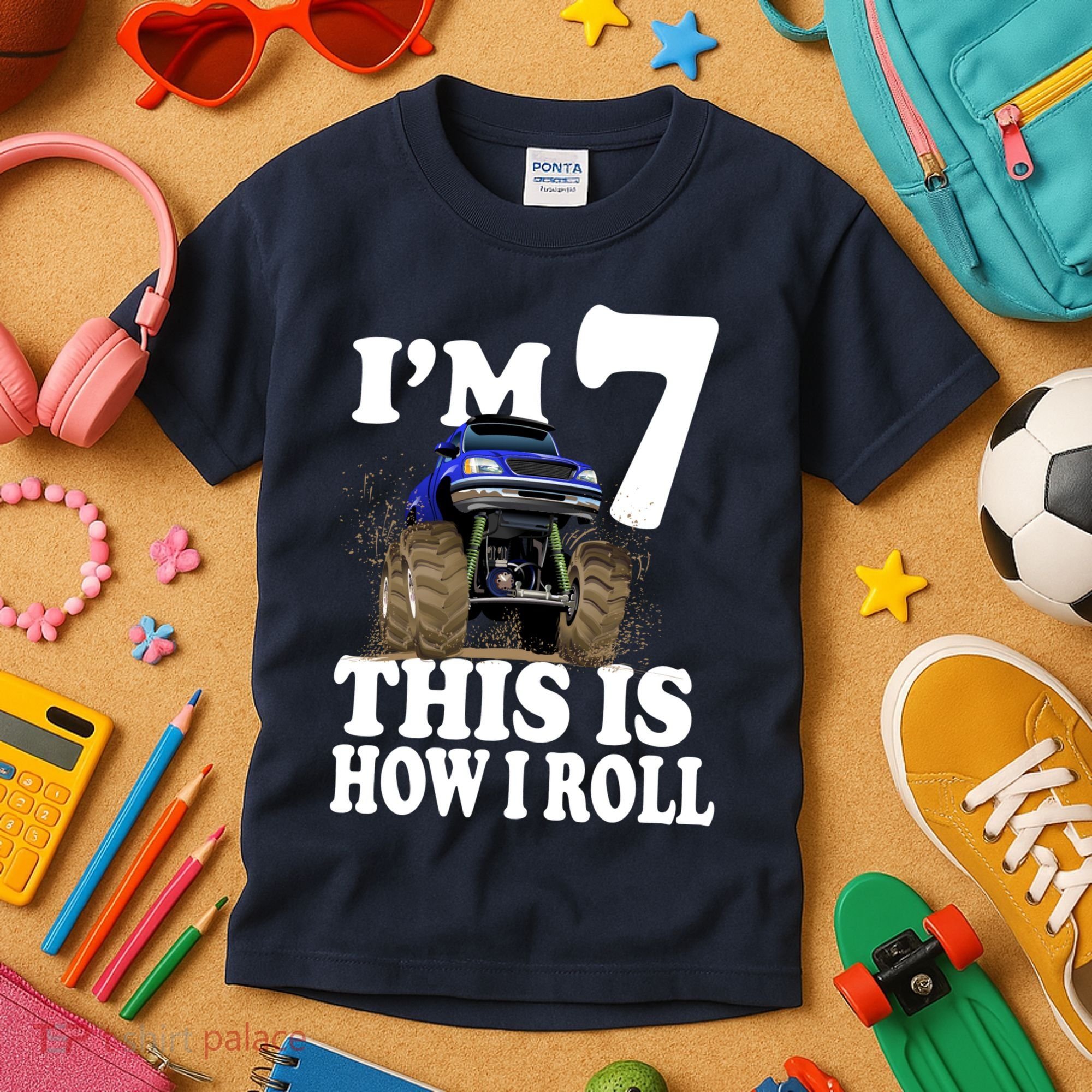 I'm 7 This Is How I Roll Monster Truck Kids T-Shirt