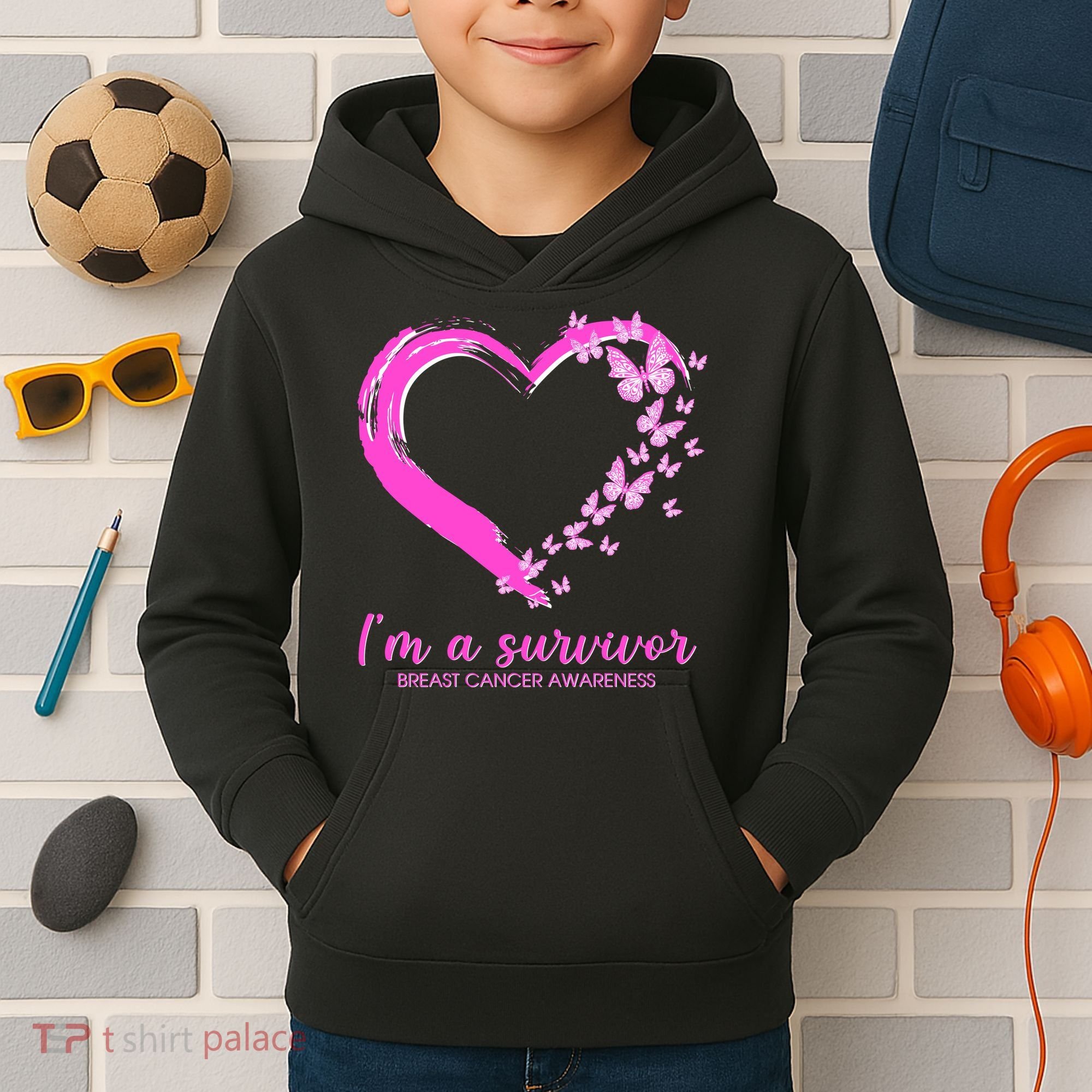 I'm a Survivor Breast Cancer Awareness Butterfly Heart Kids Hoodie