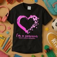 I'm a Survivor Breast Cancer Awareness Butterfly Heart Kids T-Shirt thumb 3