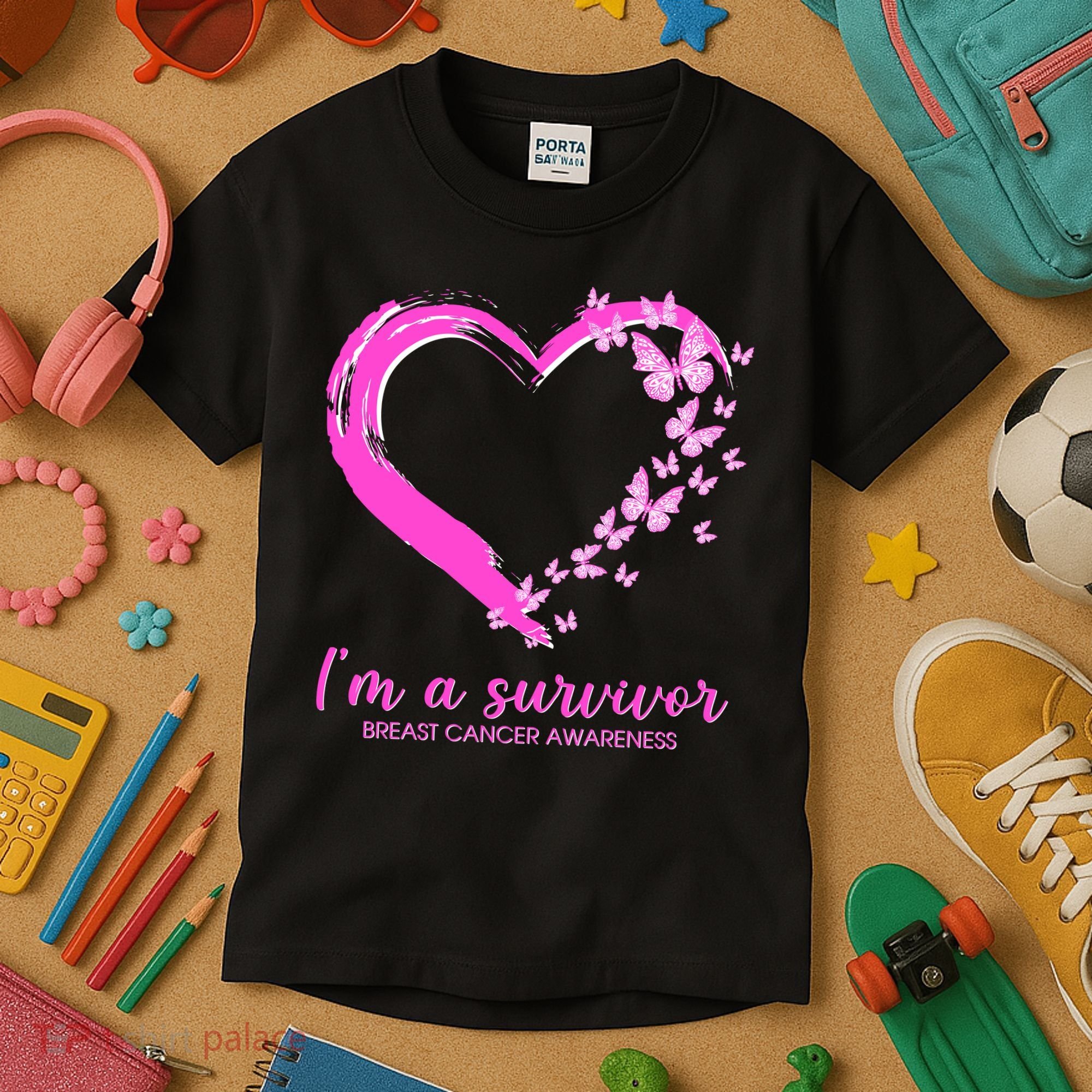 I'm a Survivor Breast Cancer Awareness Butterfly Heart Kids T-Shirt