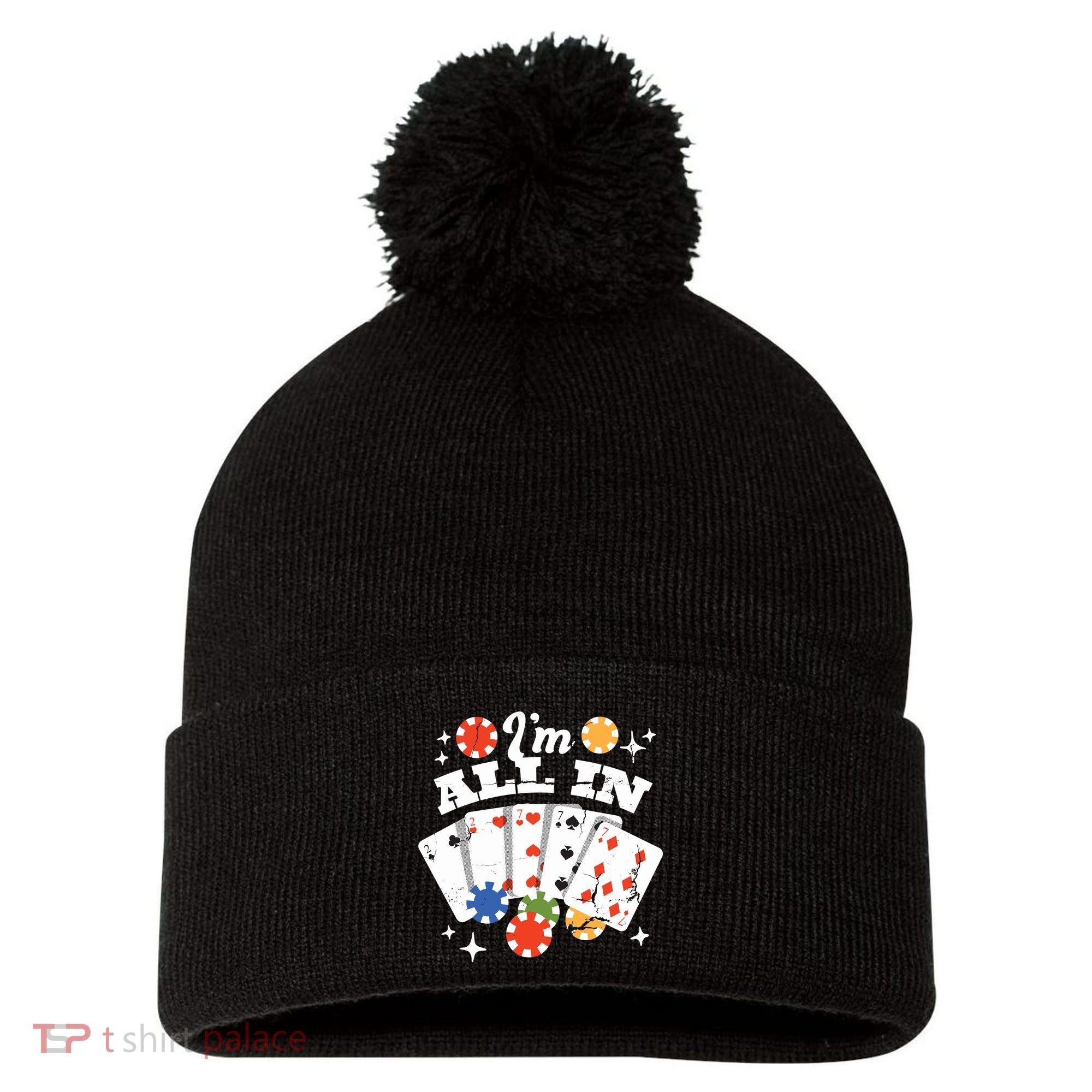 I'm All In Poker Cards Pom Pom 12in Knit Beanie