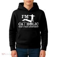 I'm Catholic Whats Your Superpower? Kids Hoodie thumb 4
