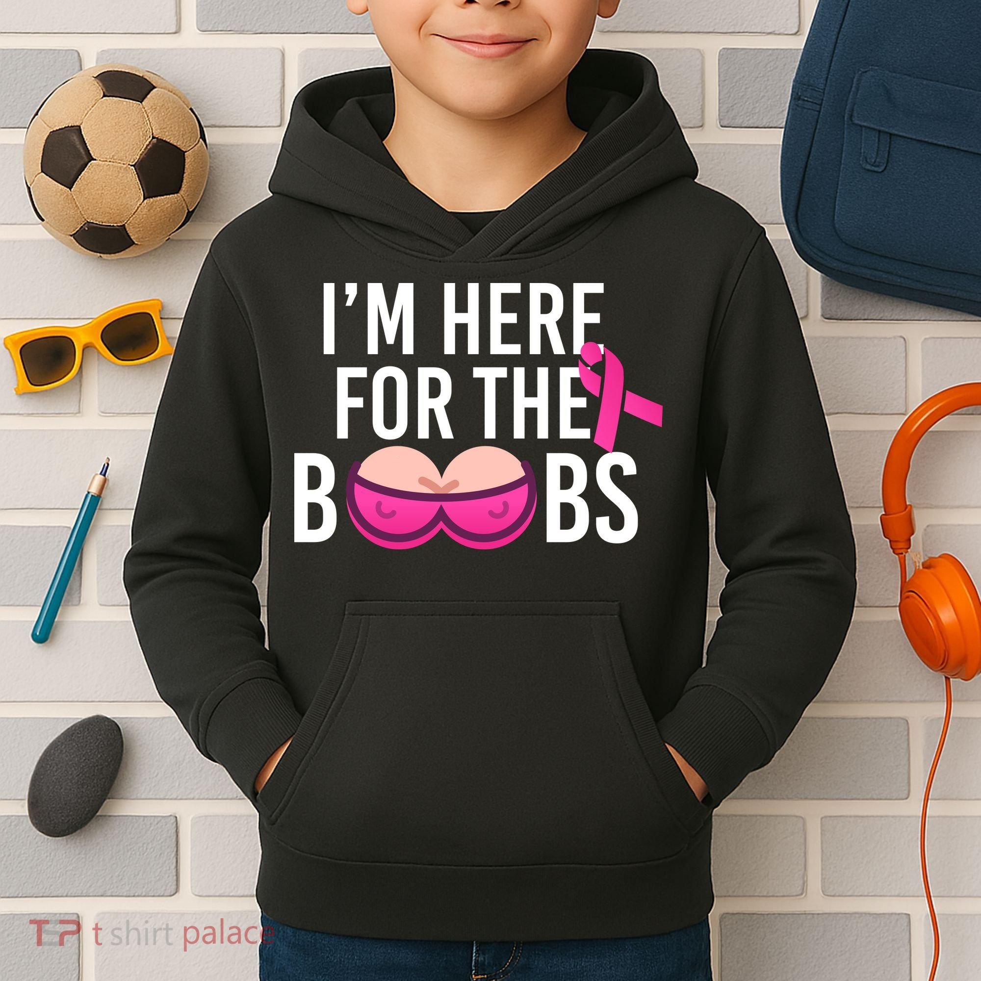 I'm Here For The Boobs Breast Cancer Kids Hoodie