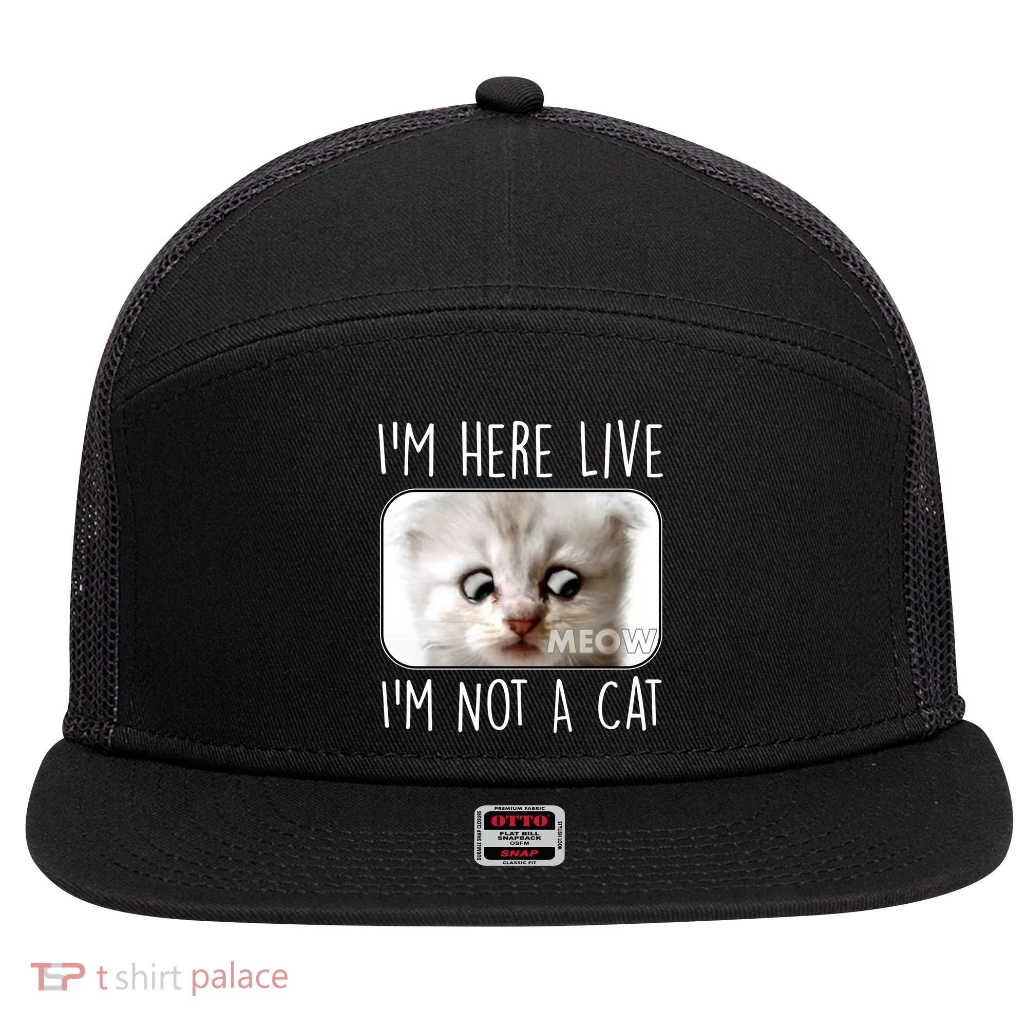 I'm Here Live I'm Not A Cat Zoom Lawyer Cat Meme 7 Panel Mesh Trucker Snapback Hat