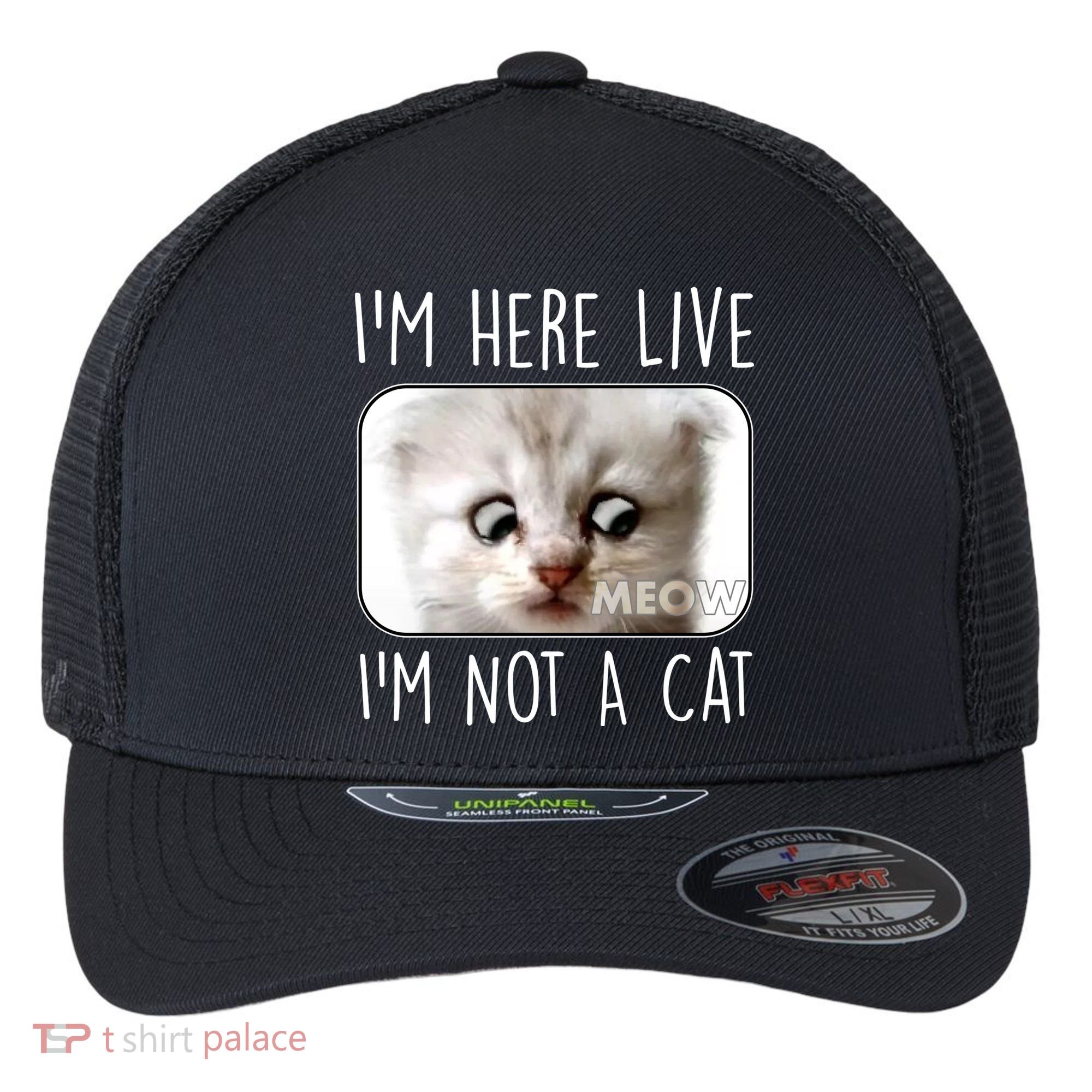 I'm Here Live I'm Not A Cat Zoom Lawyer Cat Meme Flexfit Unipanel Trucker Cap