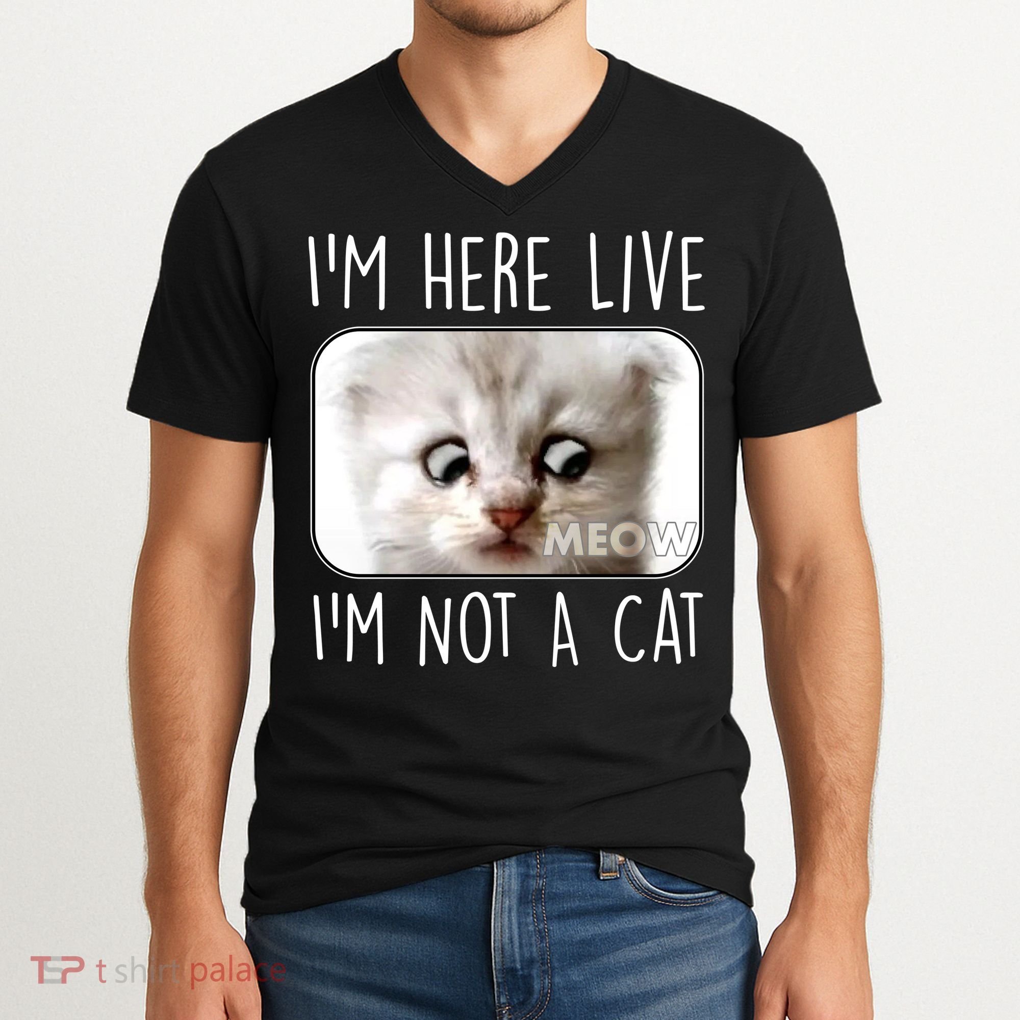 I'm Here Live I'm Not A Cat Zoom Lawyer Cat Meme V-Neck T-Shirt