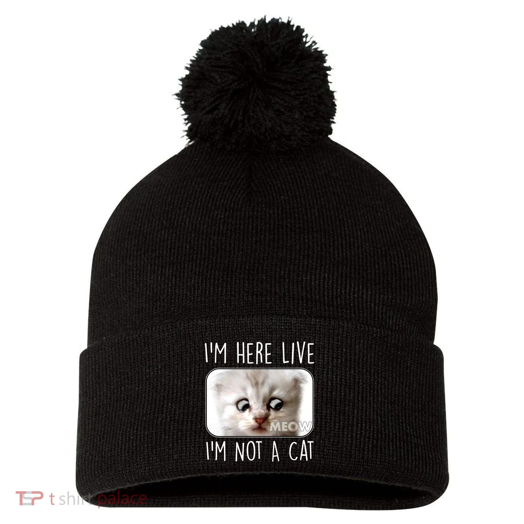 I'm Here Live I'm Not A Cat Zoom Lawyer Cat Meme Pom Pom 12in Knit Beanie