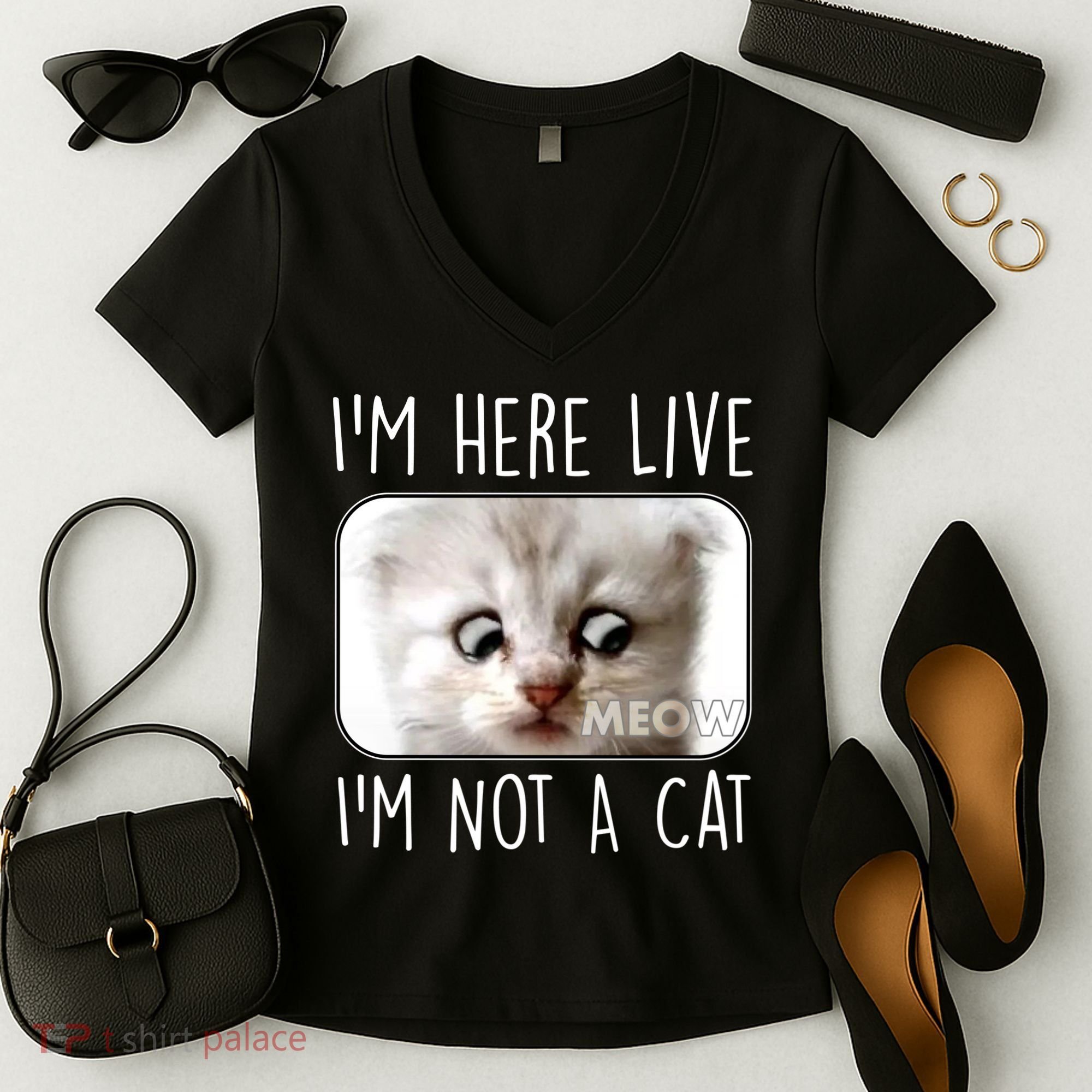 I'm Here Live I'm Not A Cat Zoom Lawyer Cat Meme Women's V-Neck T-Shirt