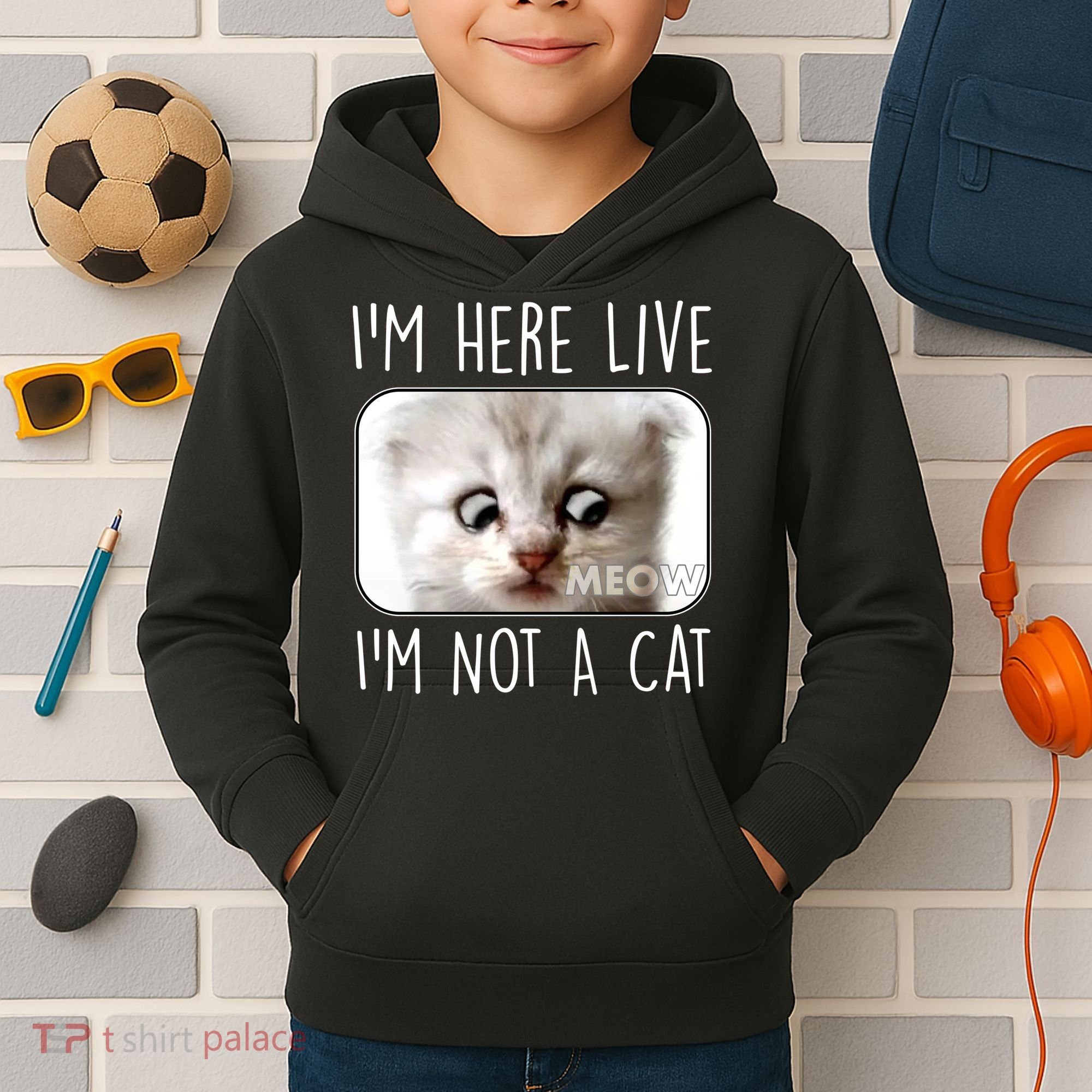 I'm Here Live I'm Not A Cat Zoom Lawyer Cat Meme Kids Hoodie