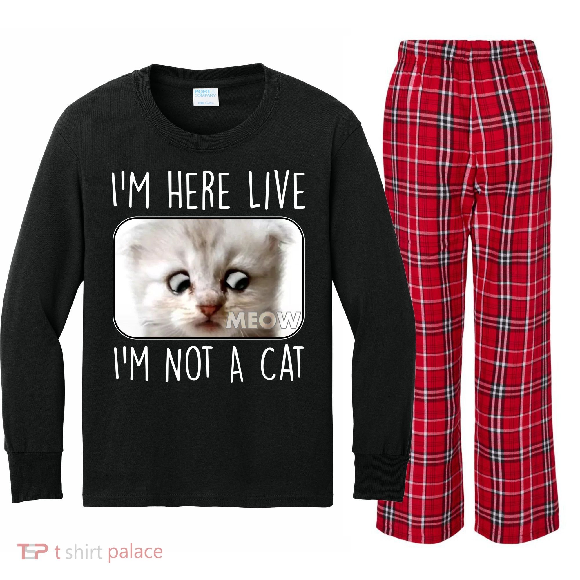 I'm Here Live I'm Not A Cat Zoom Lawyer Cat Meme Kids Long Sleeve Plaid Pajama Set