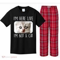 I'm Here Live I'm Not A Cat Zoom Lawyer Cat Meme Kids Plaid Pajama Set thumb 0