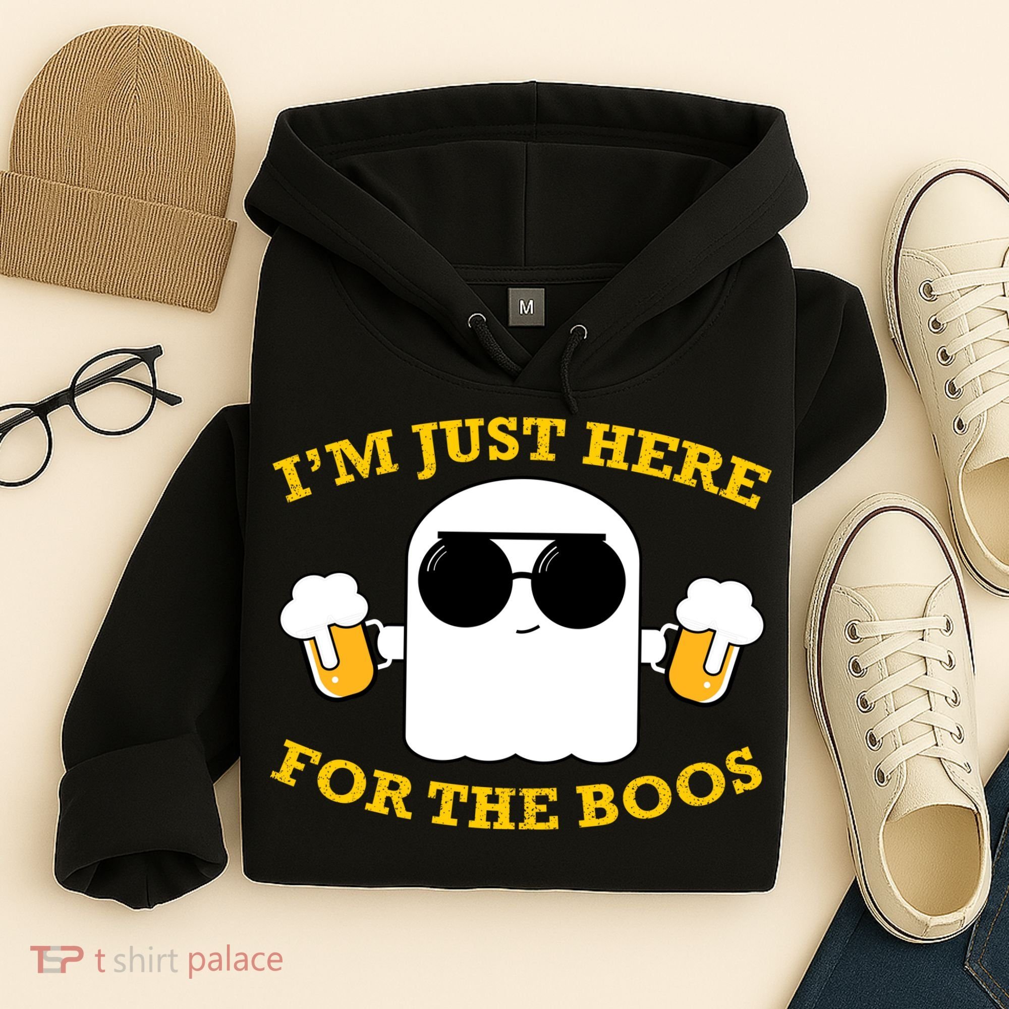 I'm Just Here for the Boos Funny Halloween Beer Ghost Emoji Hoodie