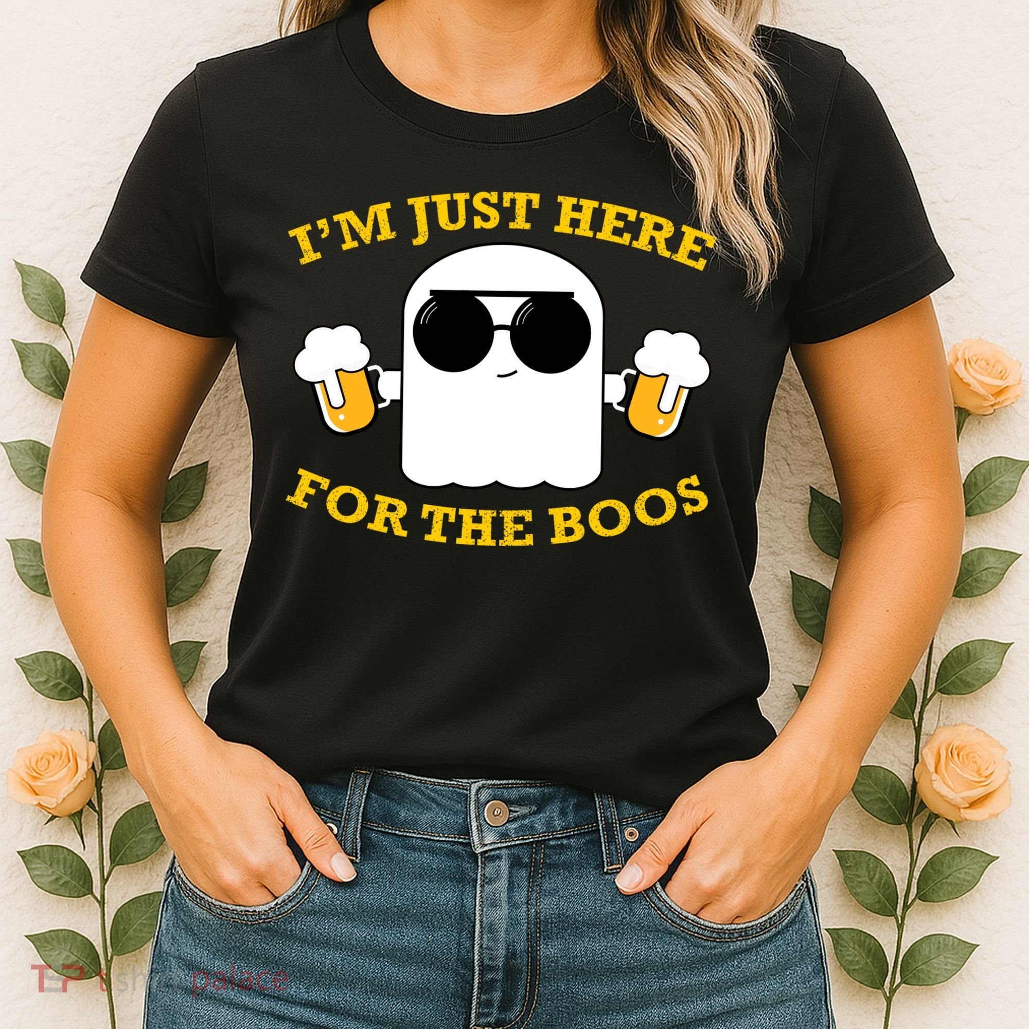 I'm Just Here for the Boos Funny Halloween Beer Ghost Emoji Women's T-Shirt