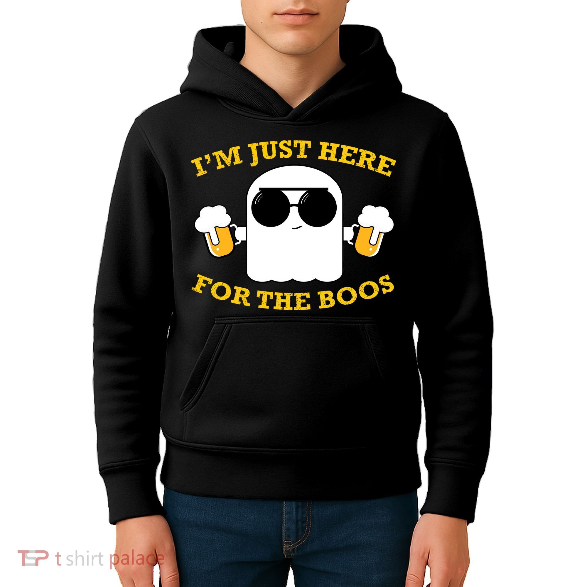 I'm Just Here for the Boos Funny Halloween Beer Ghost Emoji Kids Hoodie
