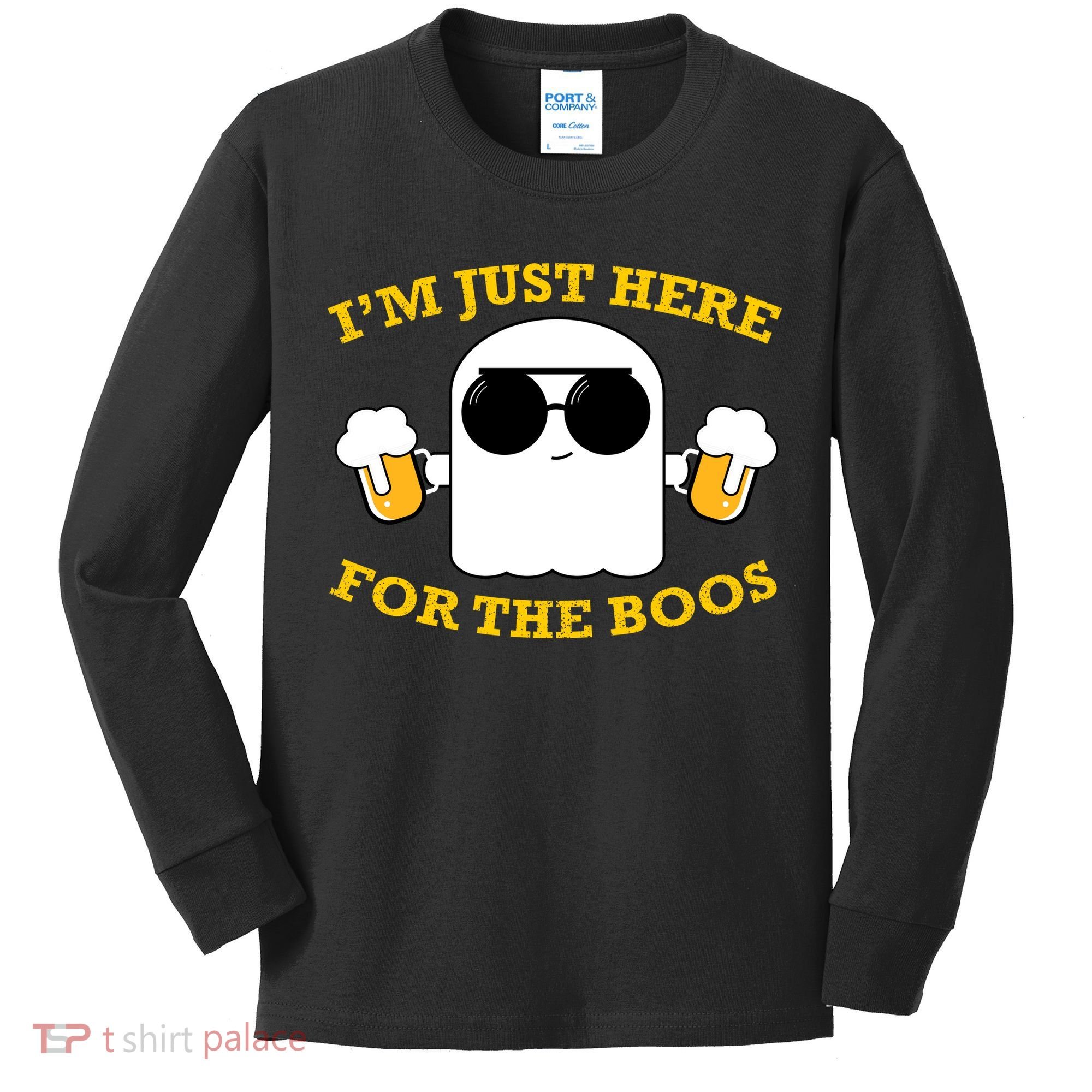 I'm Just Here for the Boos Funny Halloween Beer Ghost Emoji Kids Long Sleeve Shirt