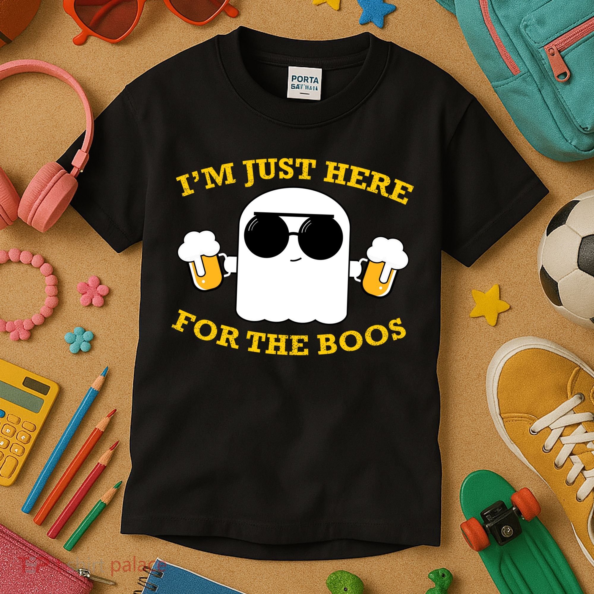 I'm Just Here for the Boos Funny Halloween Beer Ghost Emoji Kids T-Shirt