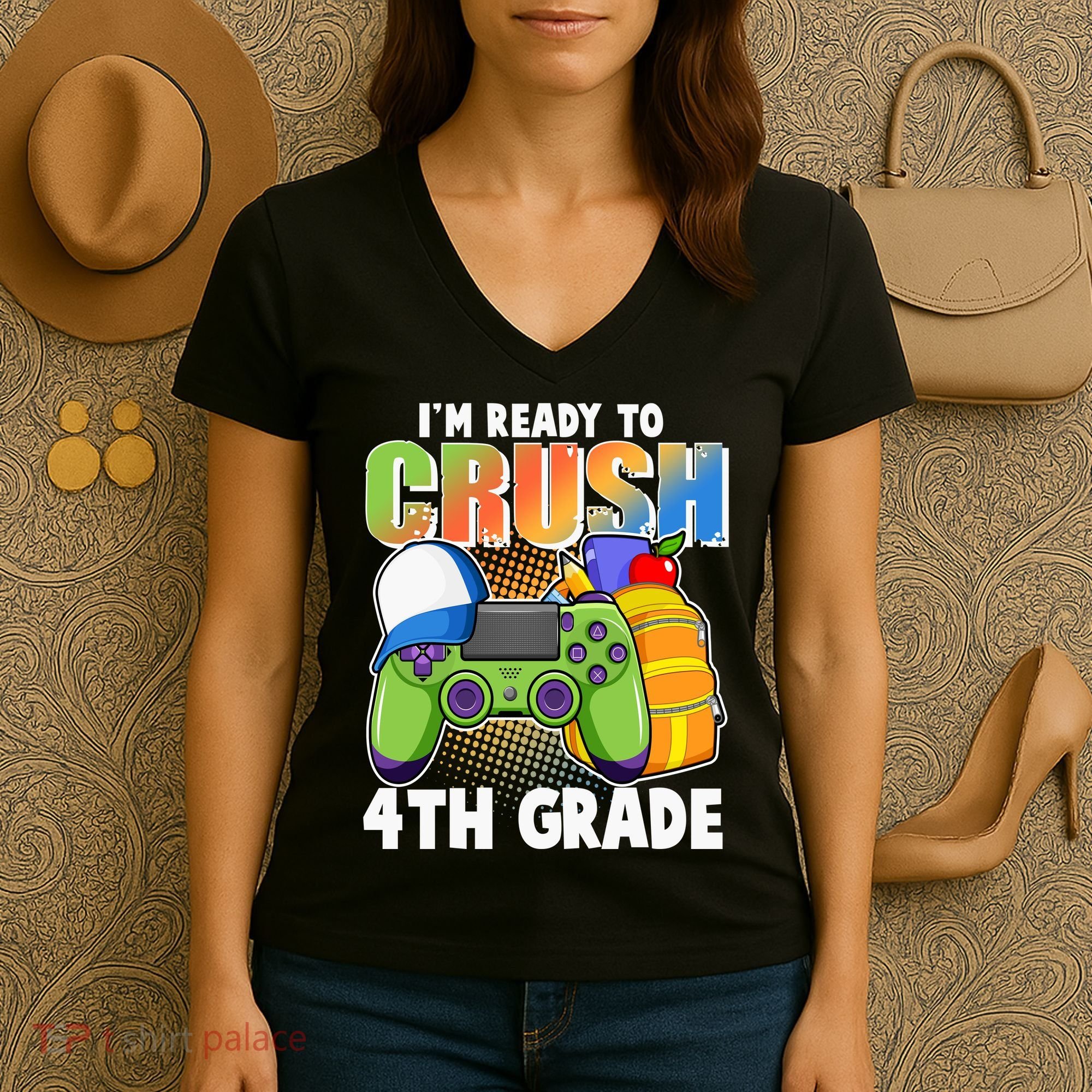 I'm Ready To Crush 4th Grade Video Gamer Women's V-Neck T-Shirt