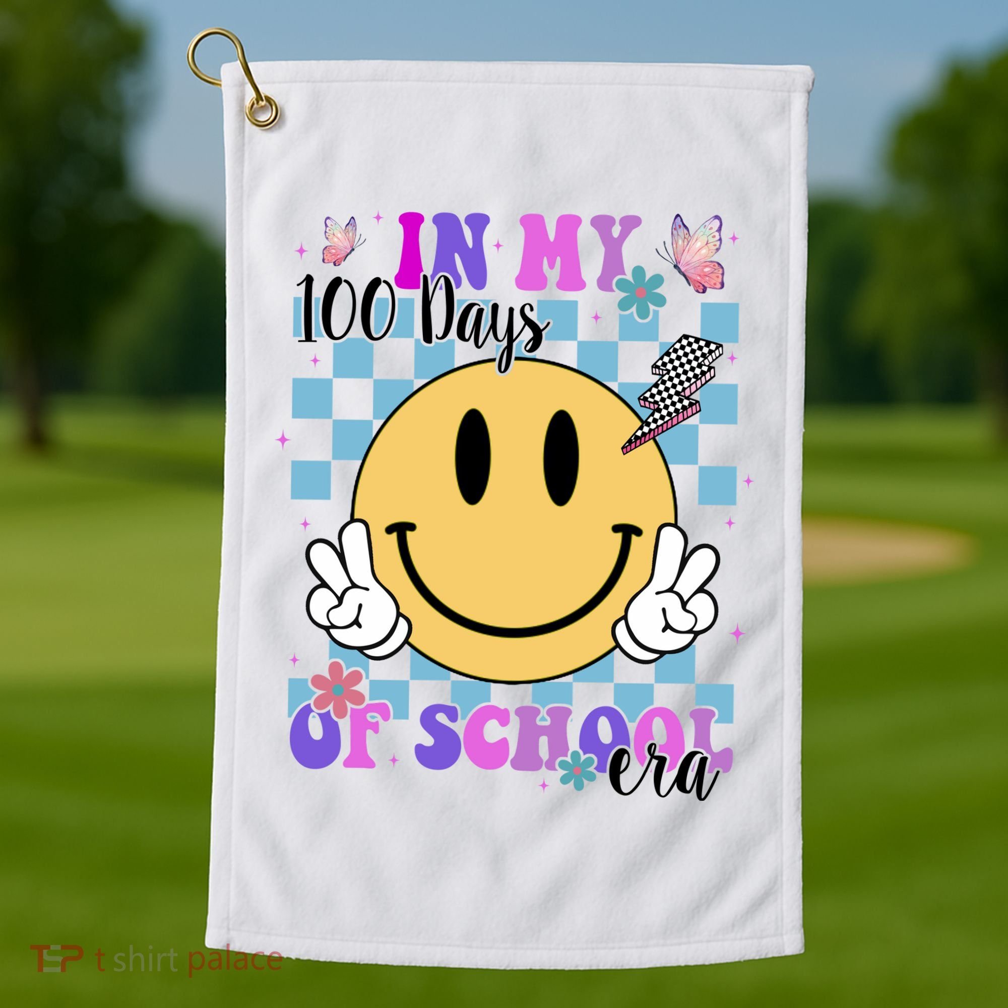 In My 100 Days Of School Era Retro Groovy Smile Golf Towel