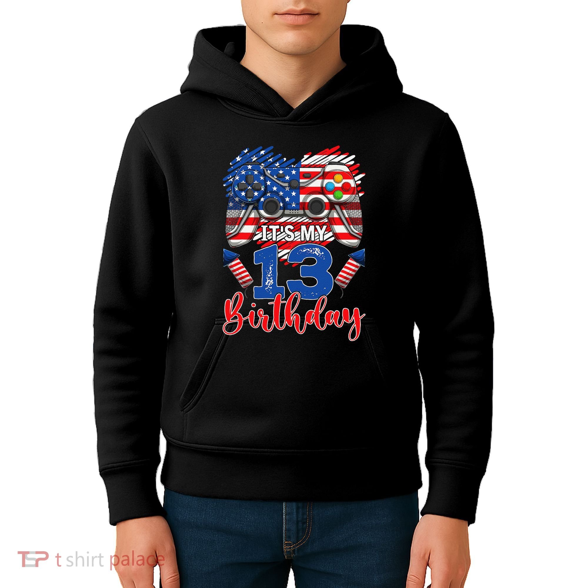 Its My 13th Birthday 13 Years Old July 4th Gamer Controller Kids Hoodie