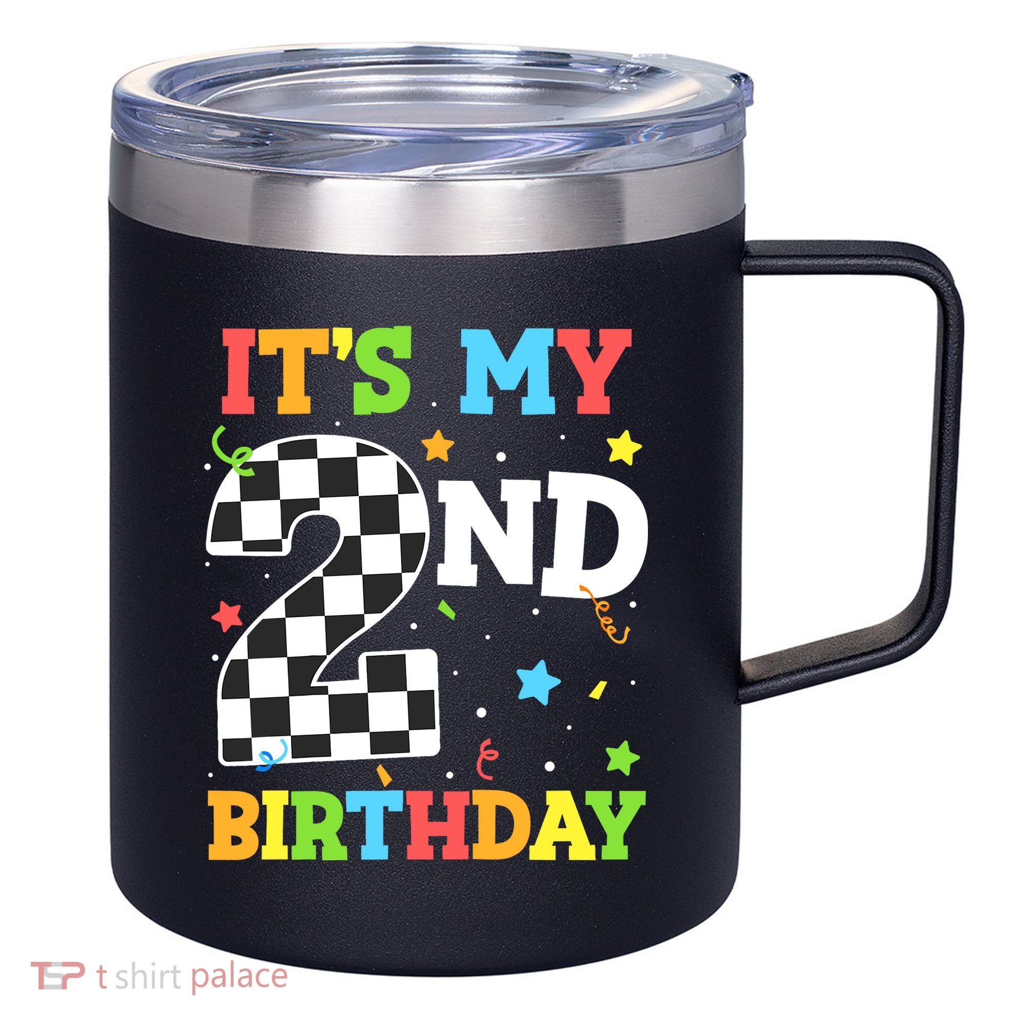 ItS My 2nd Birthday Boy 2 Two Racing Car Flag Race Car 12oz Stainless Steel Coffee Mug