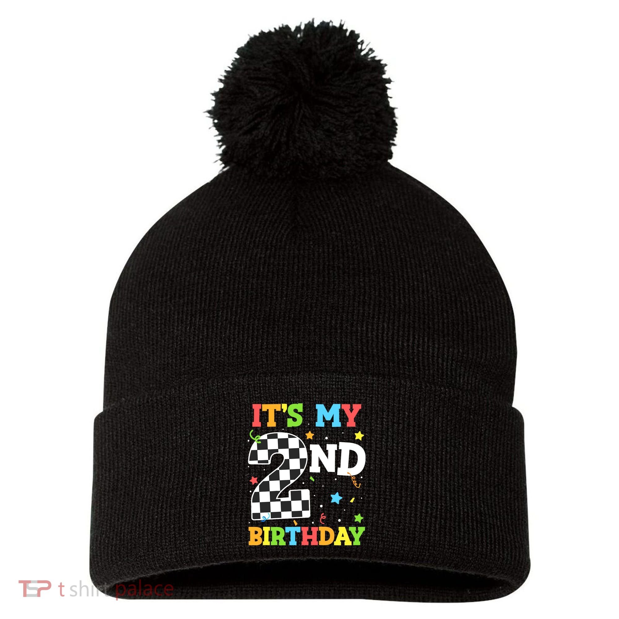 ItS My 2nd Birthday Boy 2 Two Racing Car Flag Race Car Pom Pom 12in Knit Beanie