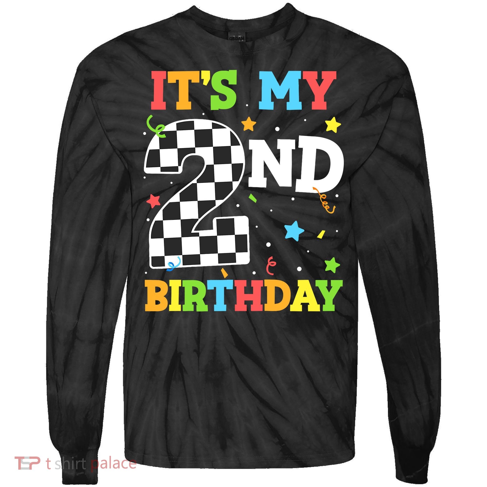 ItS My 2nd Birthday Boy 2 Two Racing Car Flag Race Car Tie-Dye Long Sleeve Shirt
