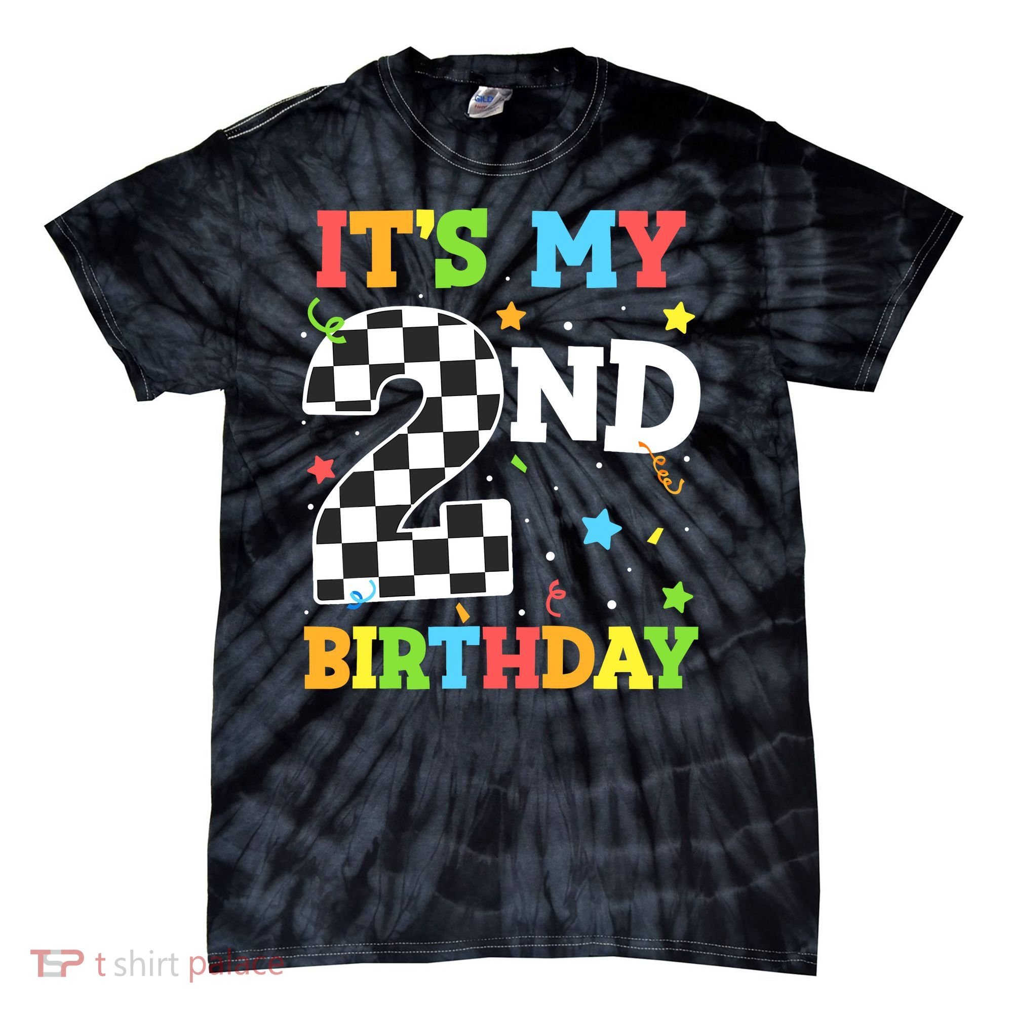 ItS My 2nd Birthday Boy 2 Two Racing Car Flag Race Car Tie-Dye T-Shirt