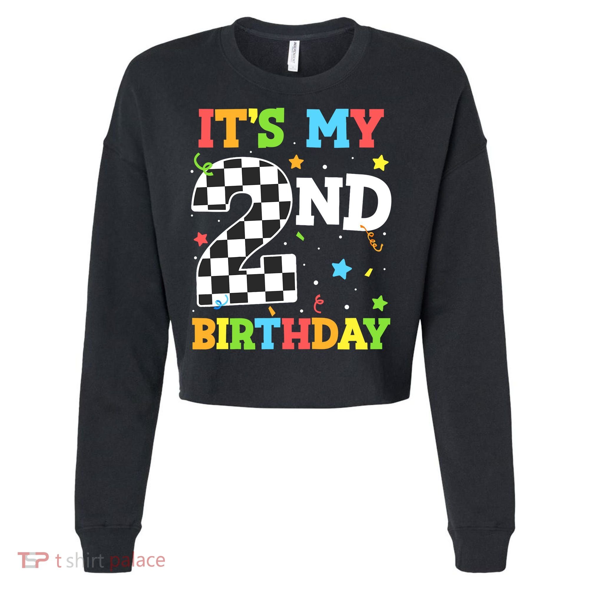 ItS My 2nd Birthday Boy 2 Two Racing Car Flag Race Car Cropped Pullover Crew