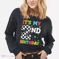 ItS My 2nd Birthday Boy 2 Two Racing Car Flag Race Car Cropped Pullover Crew thumb 2