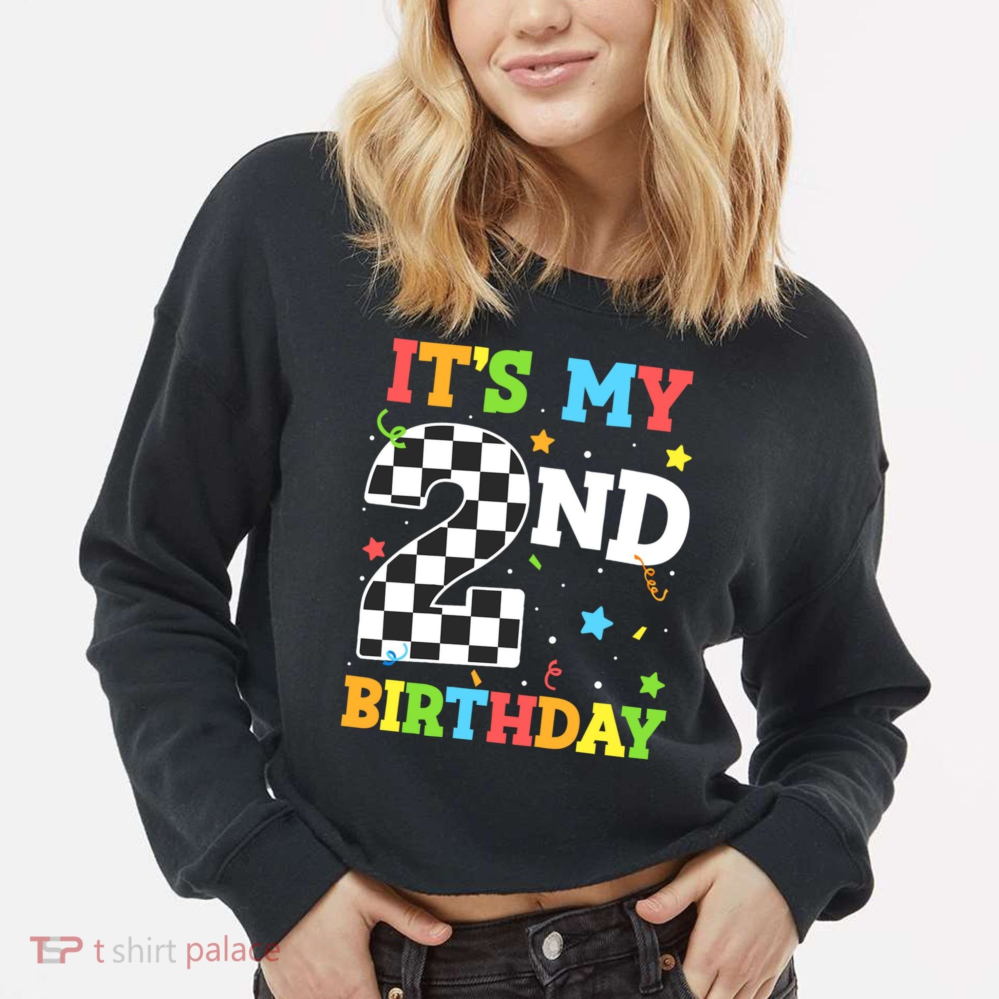 ItS My 2nd Birthday Boy 2 Two Racing Car Flag Race Car Cropped Pullover Crew
