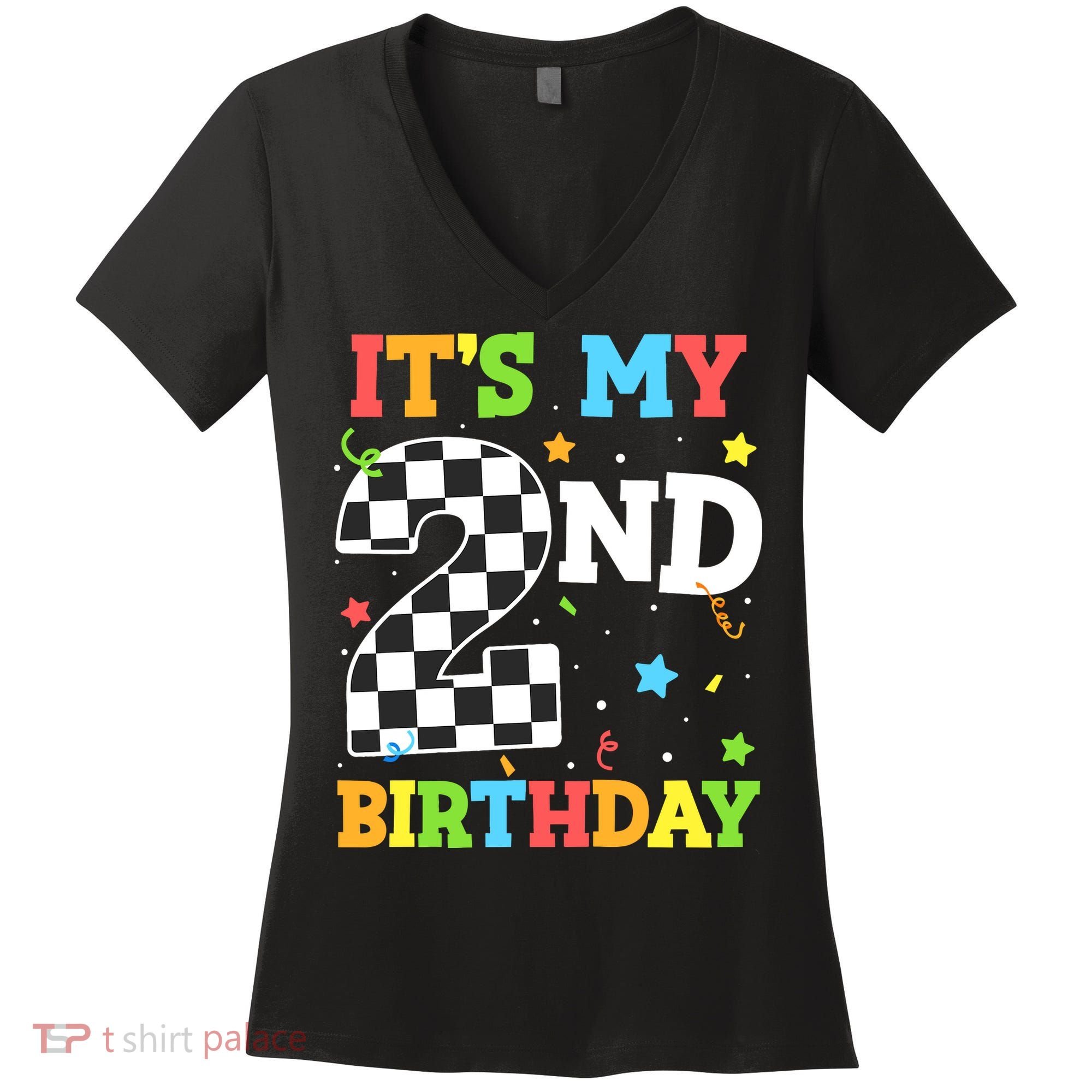 ItS My 2nd Birthday Boy 2 Two Racing Car Flag Race Car Women's V-Neck T-Shirt