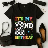 ItS My 2nd Birthday Boy 2 Two Racing Car Flag Race Car Women's V-Neck T-Shirt thumb 2