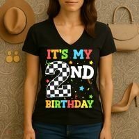 ItS My 2nd Birthday Boy 2 Two Racing Car Flag Race Car Women's V-Neck T-Shirt thumb 3