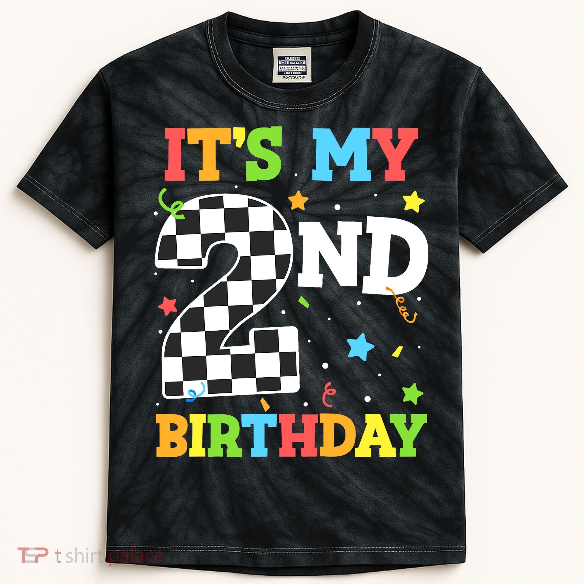 ItS My 2nd Birthday Boy 2 Two Racing Car Flag Race Car Kids Tie-Dye T-Shirt