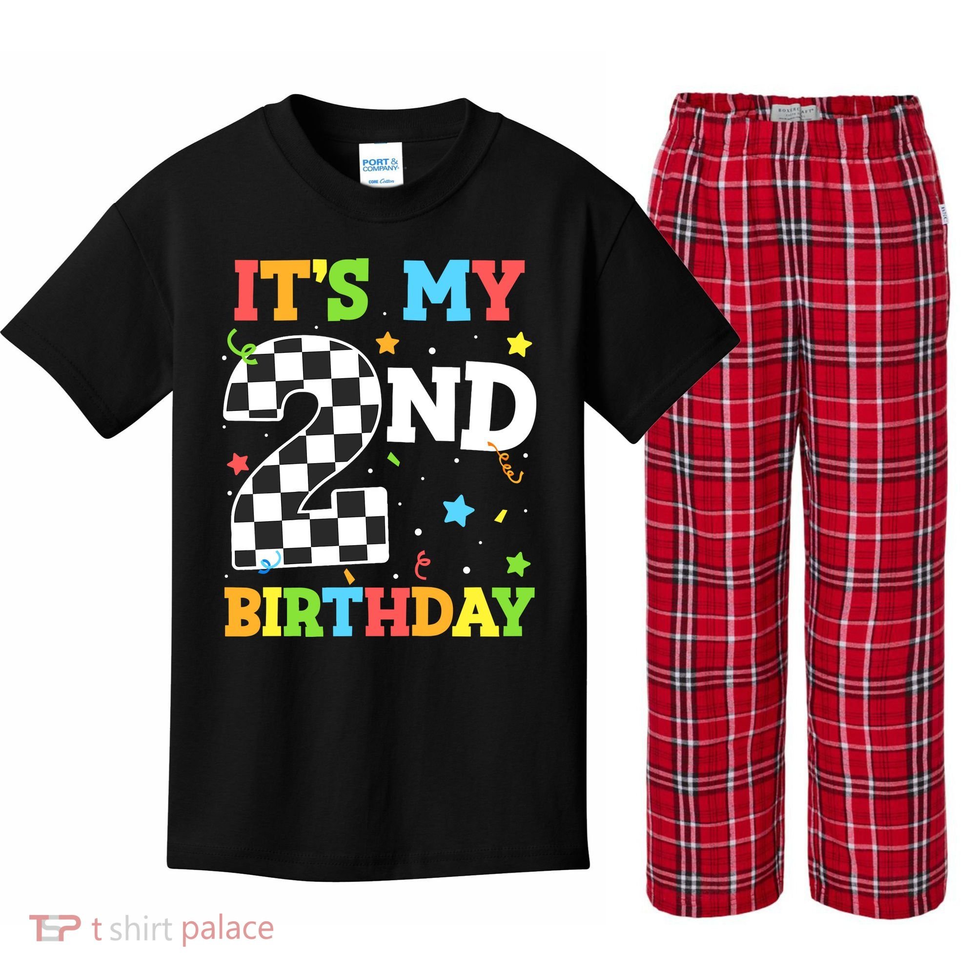 ItS My 2nd Birthday Boy 2 Two Racing Car Flag Race Car Kids Plaid Pajama Set