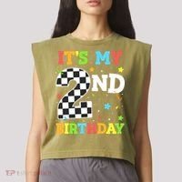 ItS My 2nd Birthday Boy 2 Two Racing Car Flag Race Car Garment-Dyed Women's Muscle Tee thumb 2