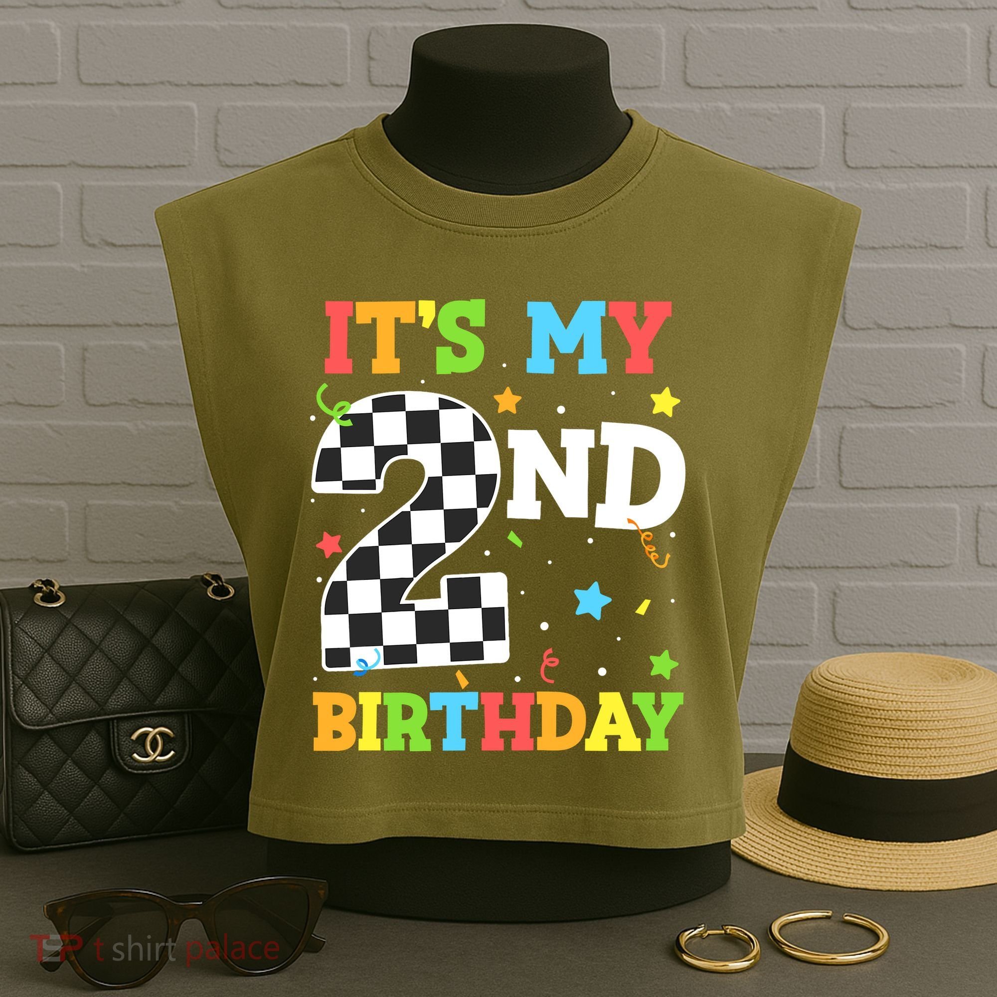 ItS My 2nd Birthday Boy 2 Two Racing Car Flag Race Car Garment-Dyed Women's Muscle Tee
