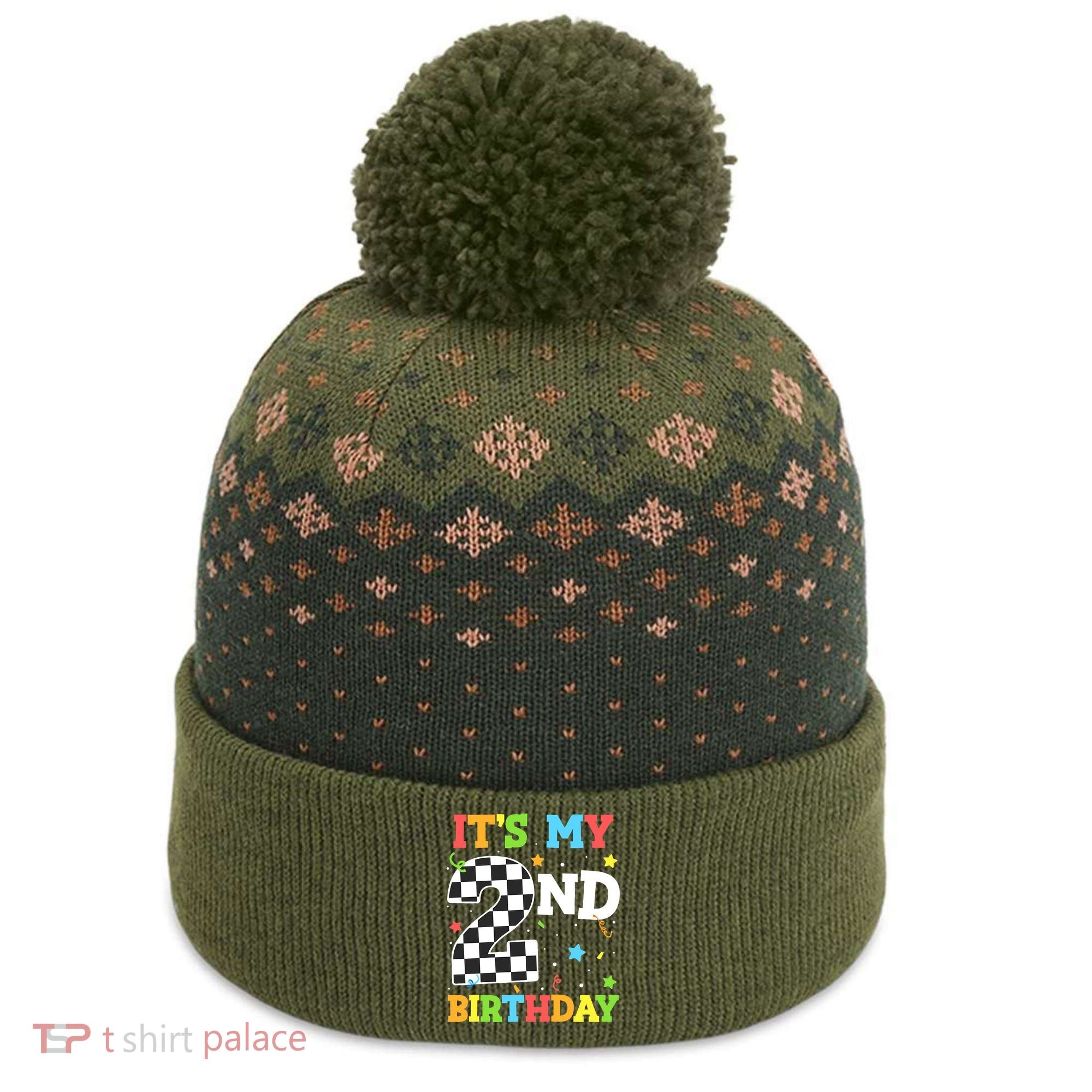 ItS My 2nd Birthday Boy 2 Two Racing Car Flag Race Car The Baniff Cuffed Pom Beanie