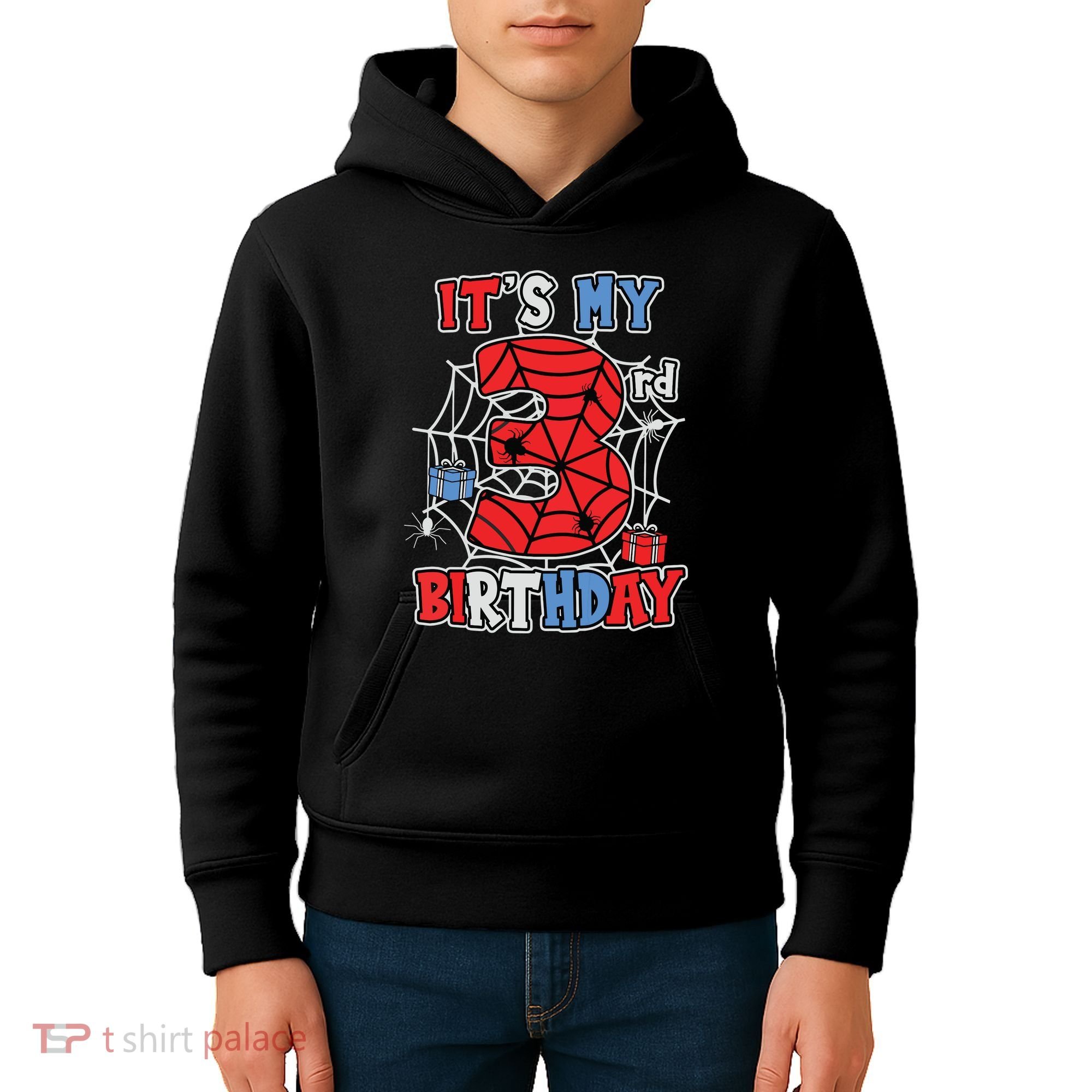 Its My 3rd Birthday Spider Theme Party 3 Year Old Boy Kids Hoodie