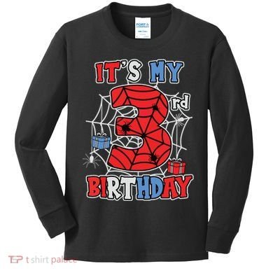 Its My 3rd Birthday Spider Theme Party 3 Year Old Boy Kids Long Sleeve Shirt