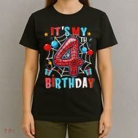 It's My 4th Birthday Spider Web Theme Party 4 Years Old T-Shirt thumb 4
